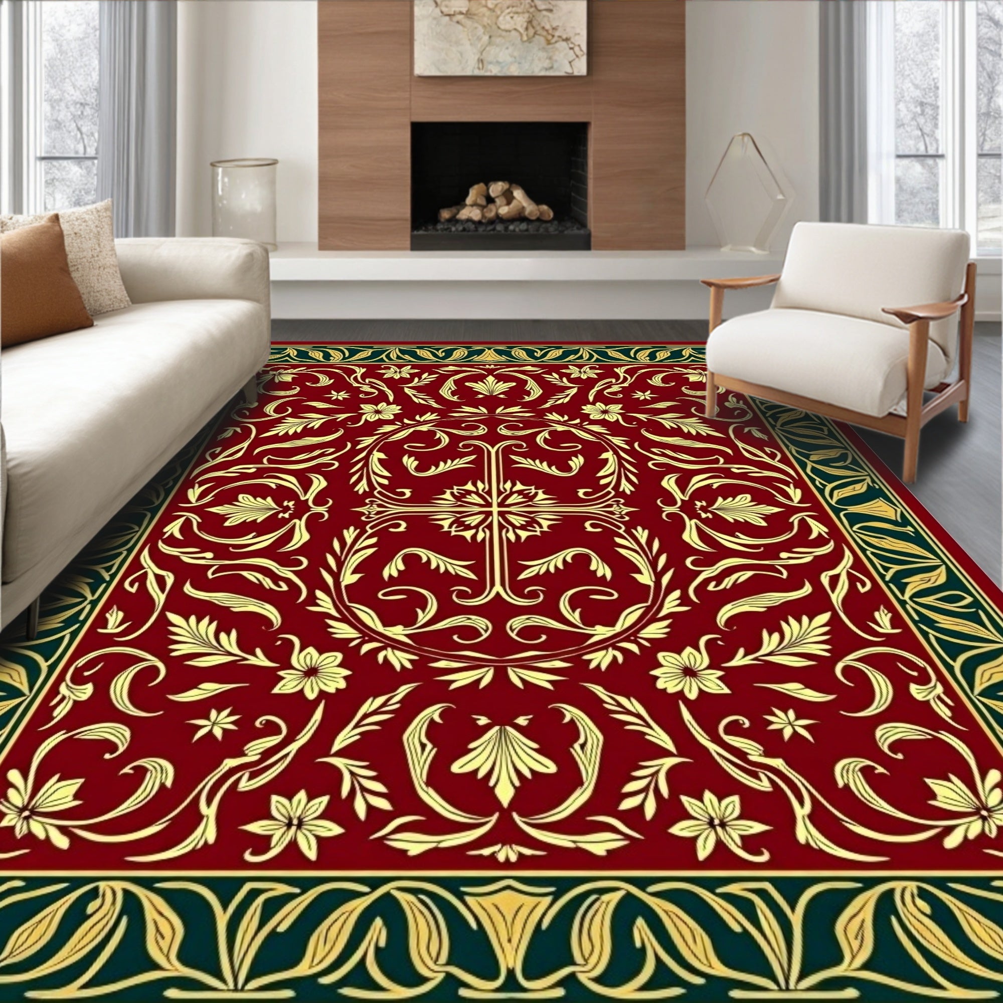 Rich Burgundy Gold Floral Botanical Rug