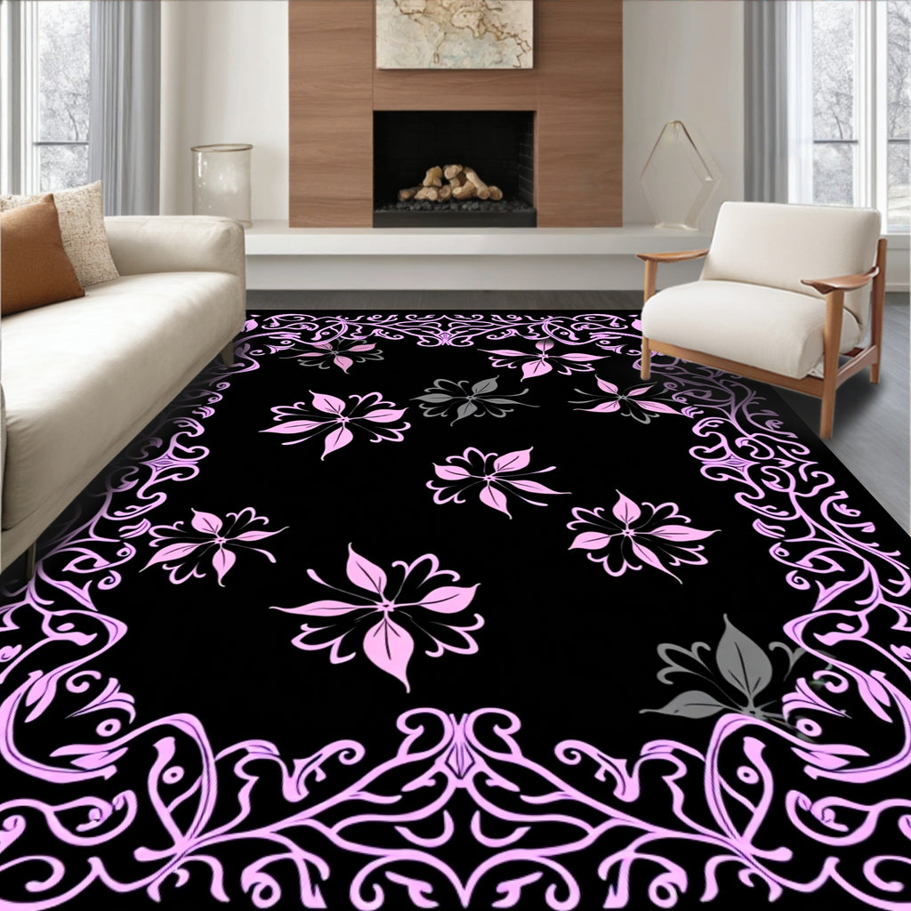 Ornate Pink Floral Vine Pattern Rug