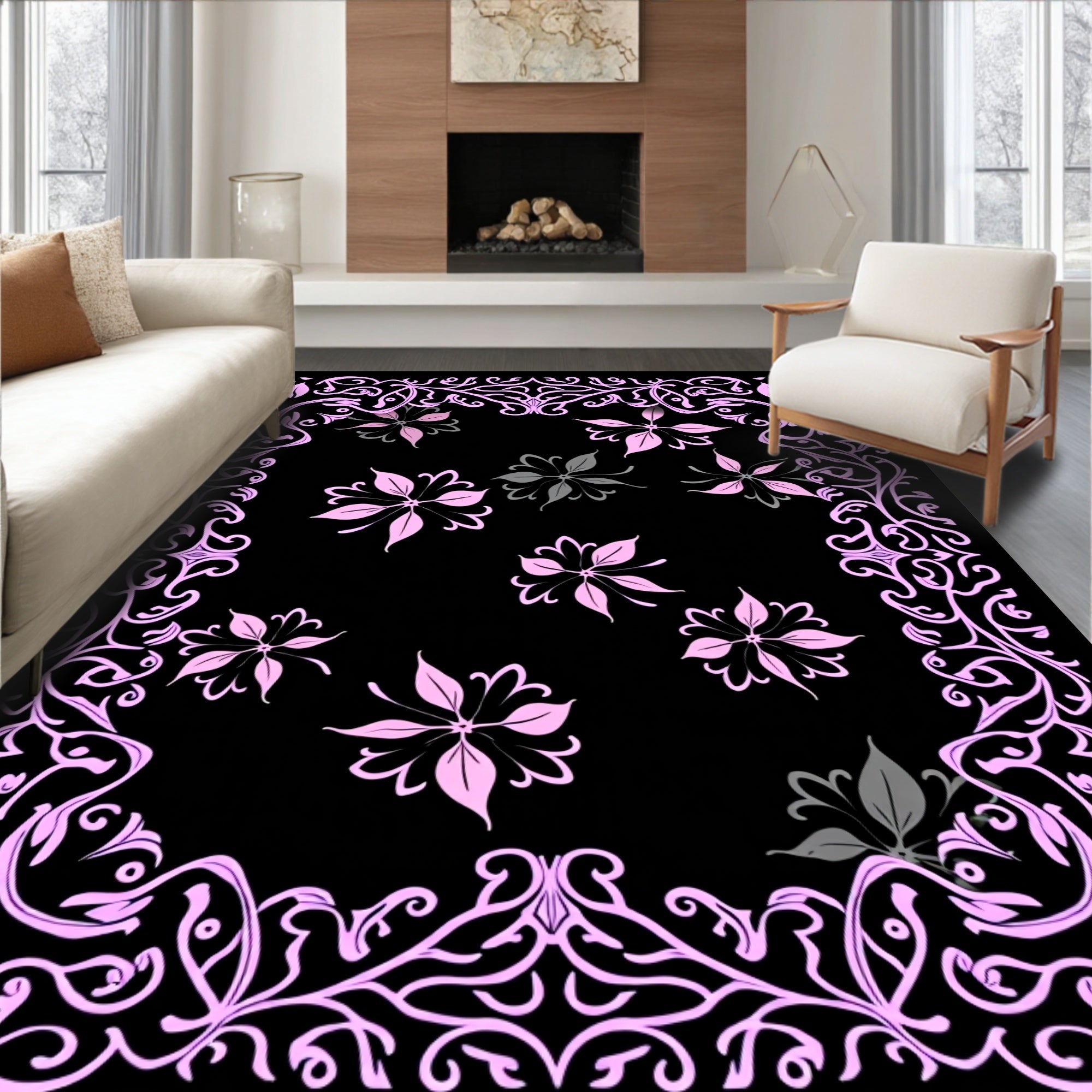 Ornate Pink Floral Vine Pattern Rug
