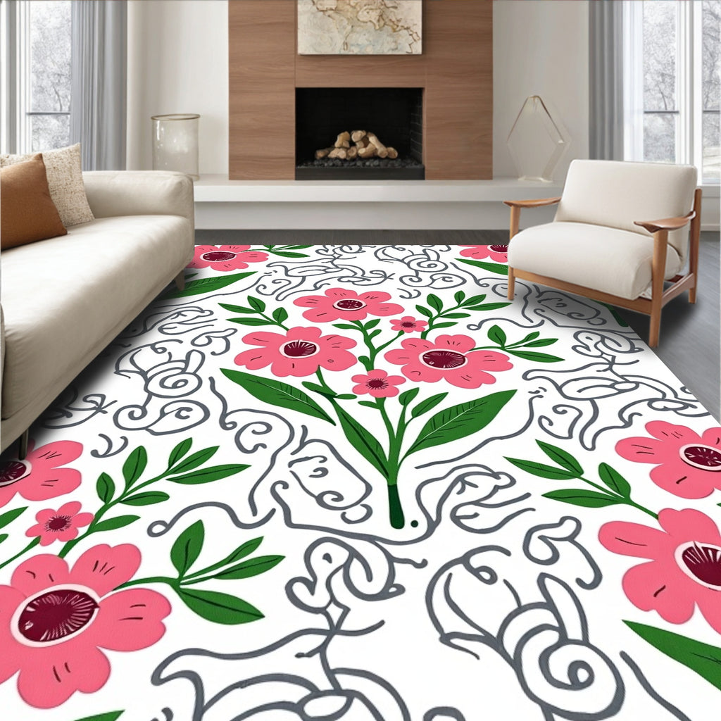 Pink Flowers with Charcoal Swirls Rug