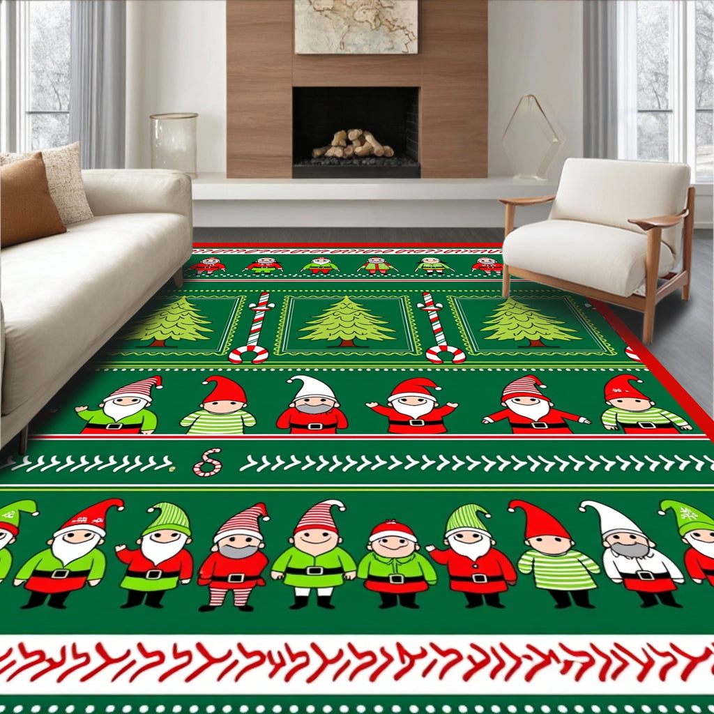 Festive Green Holiday Gnome Trees Rug
