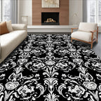 Black White Ornate Floral Scroll Rug
