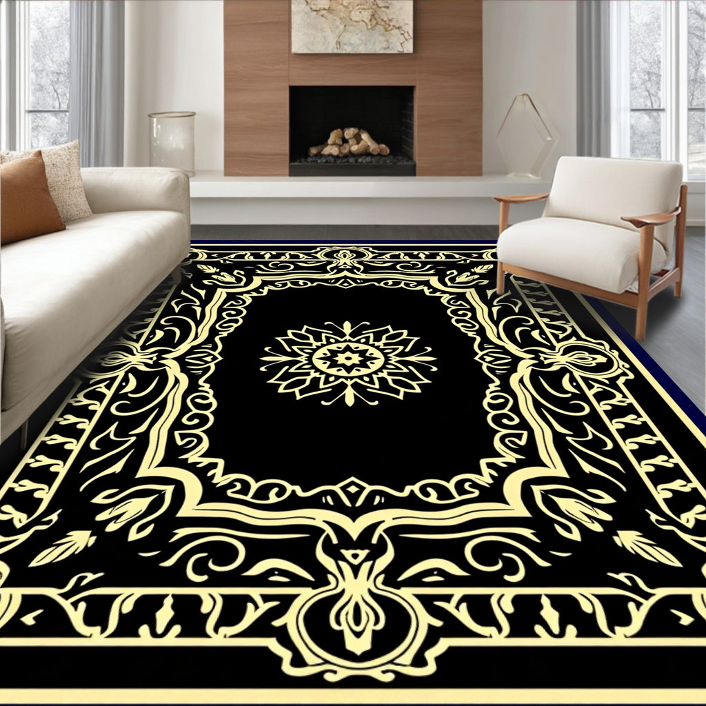Elegant Black Gold Floral Frame Rug