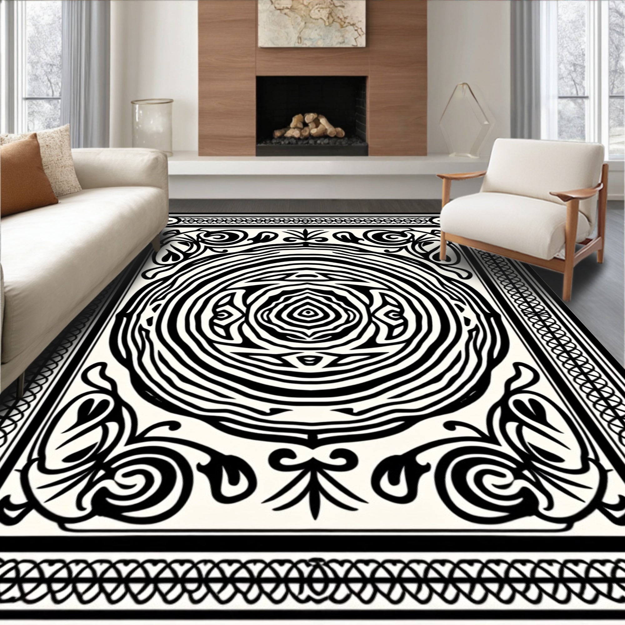 Bold Abstract Mandala Black White Rug