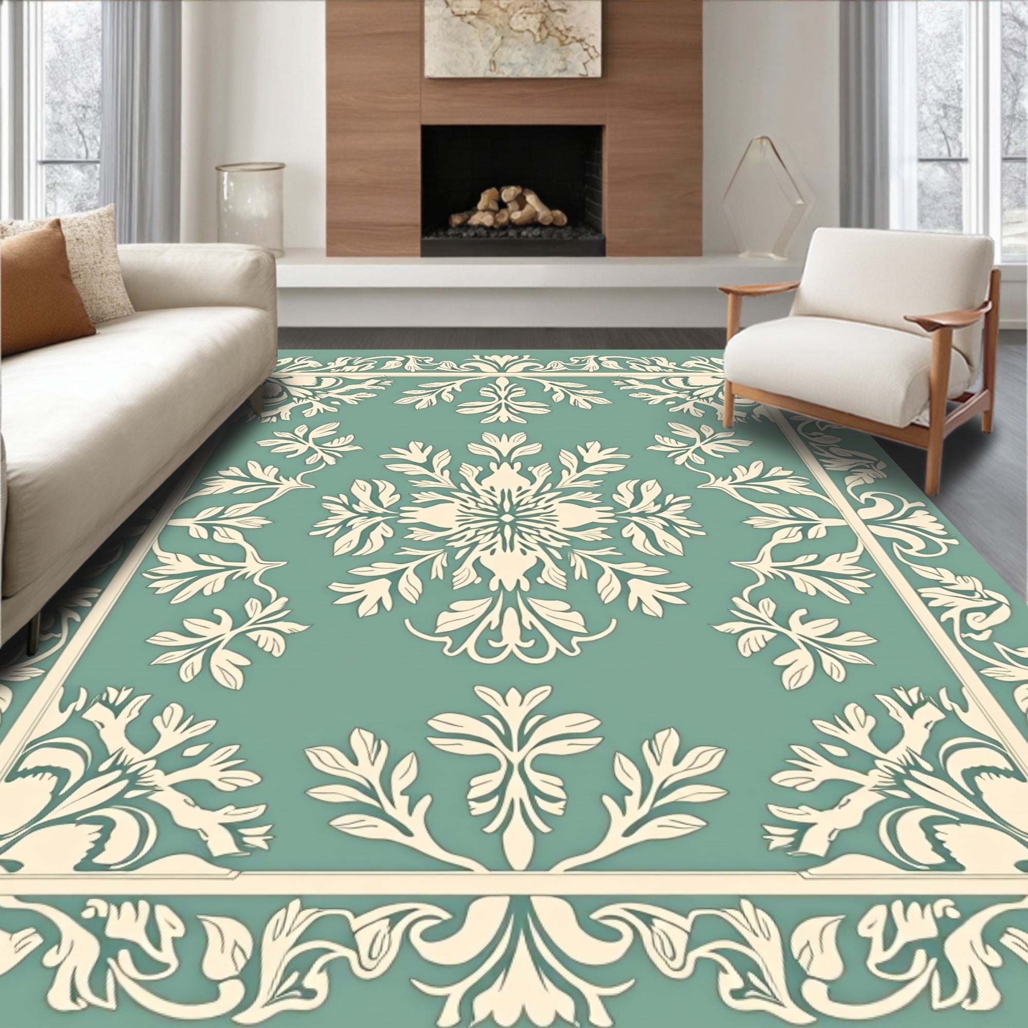 Elegant Teal Ivory Floral Border Rug