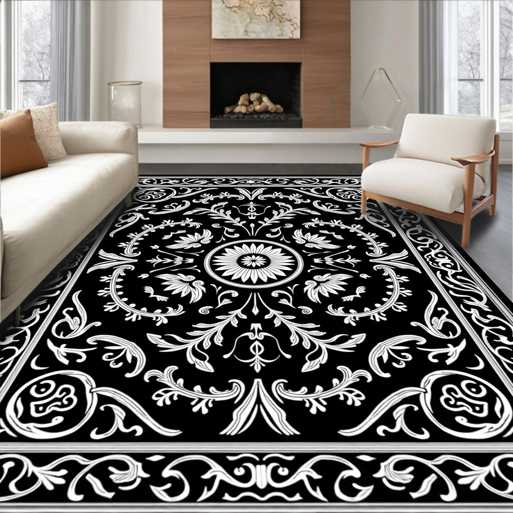 Ornate Floral Scrollwork Monochrome Rug