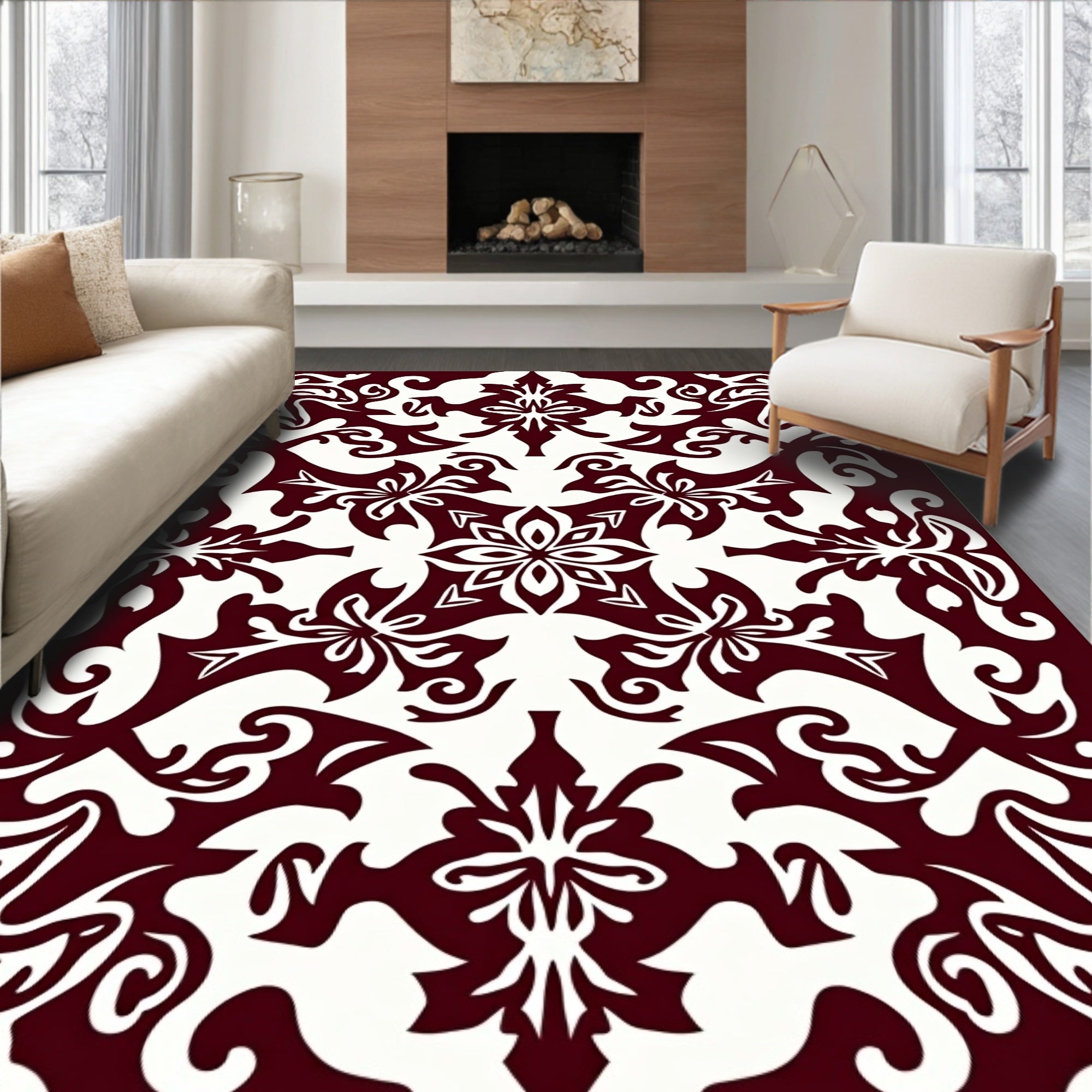 Ornate Floral Patterned Dark Red Rug