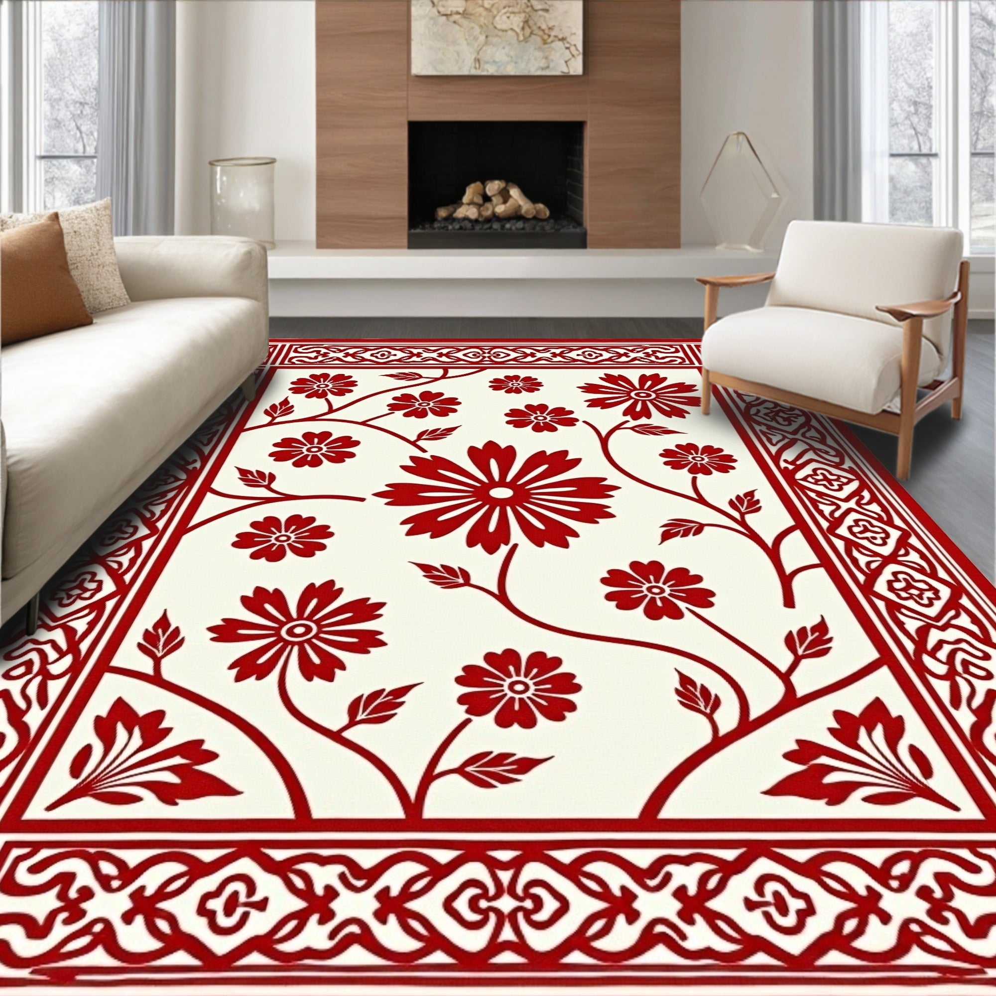 Classic Red Floral Border Design Rug