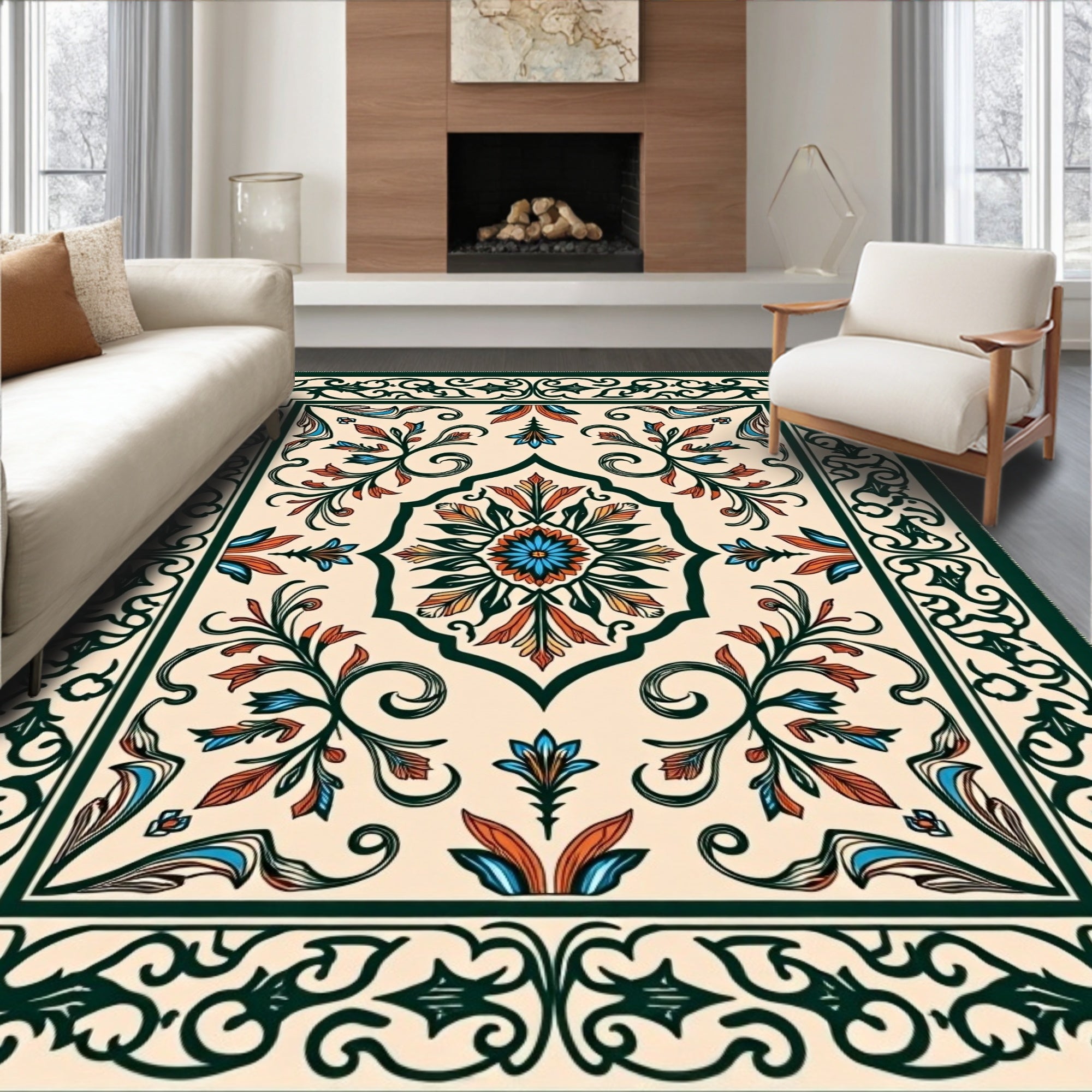 Traditional Floral Medallion Green Rug