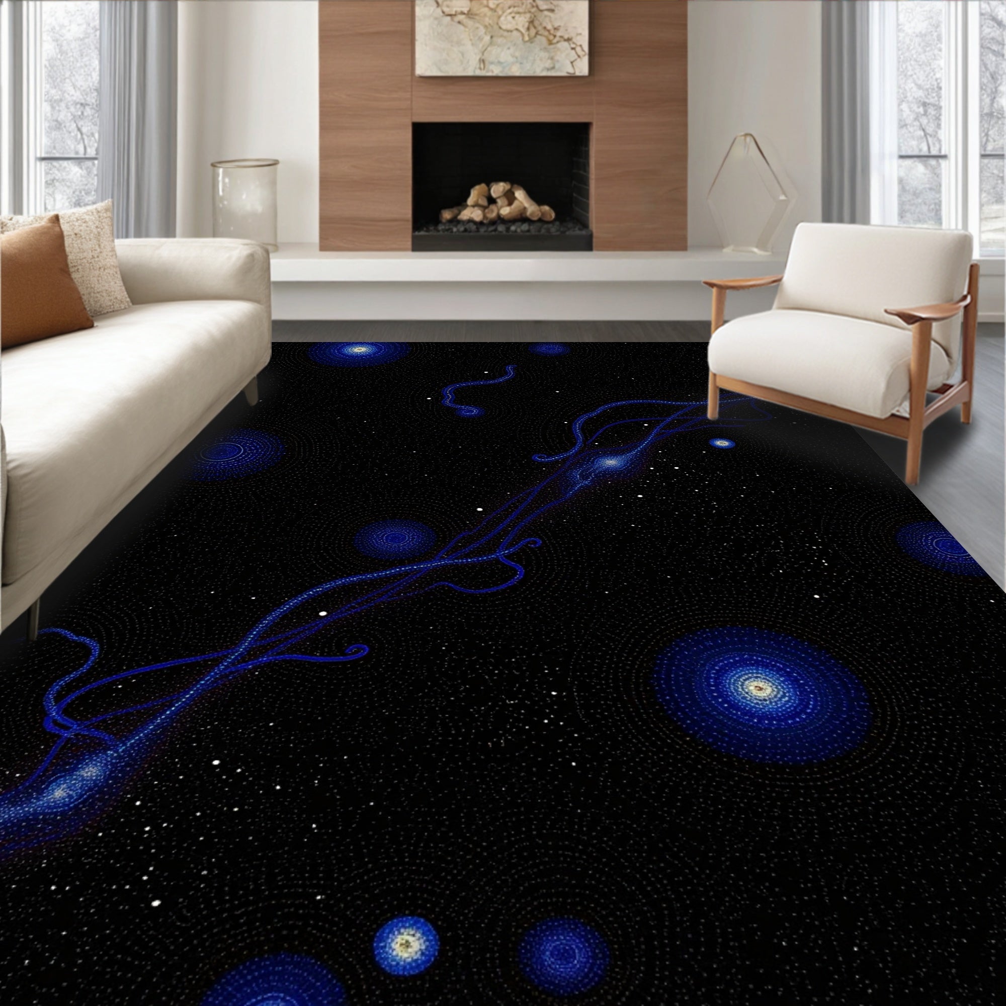 Cosmic Blue Swirl Starburst Pattern Rug