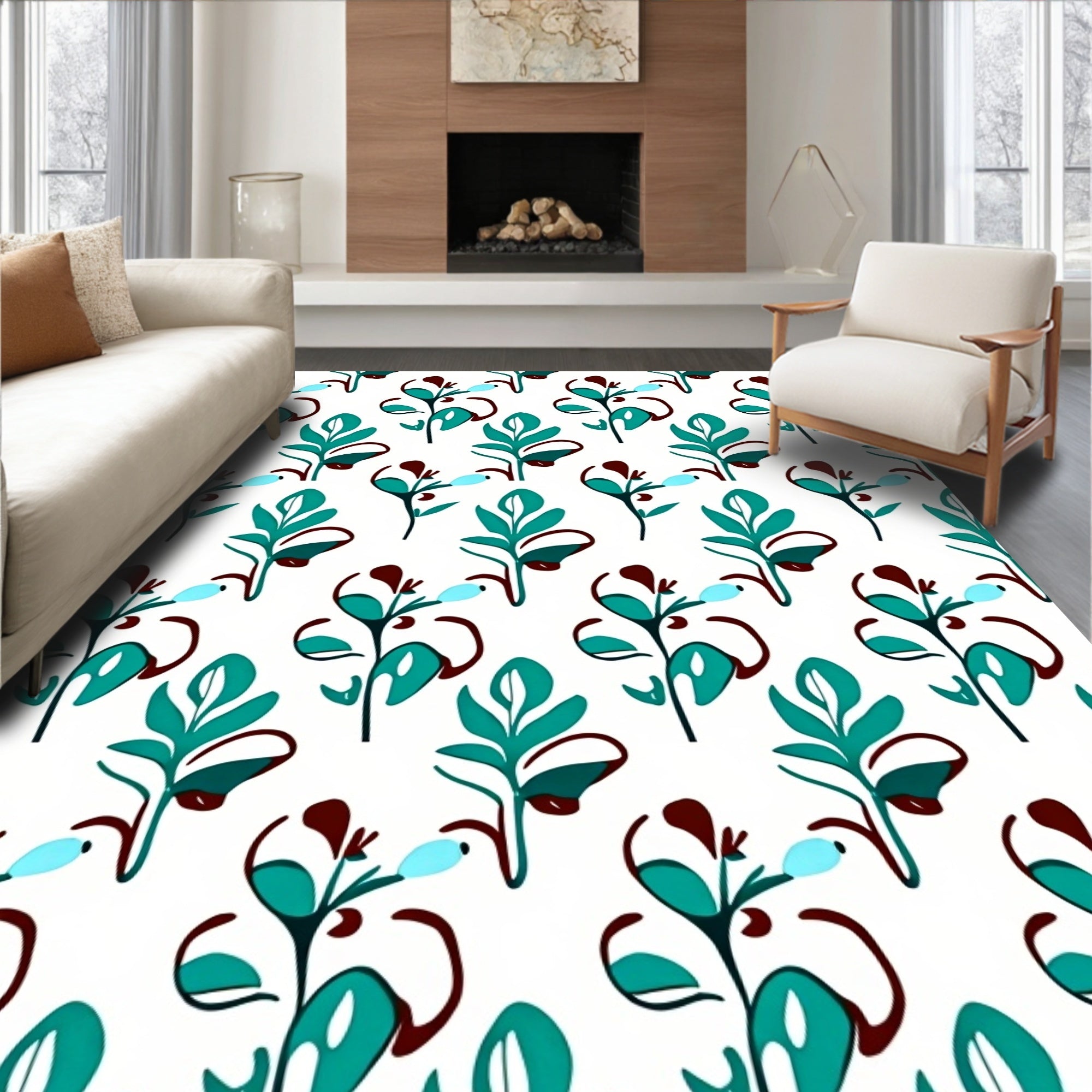 Abstract Teal Leaf Pattern Design Rug