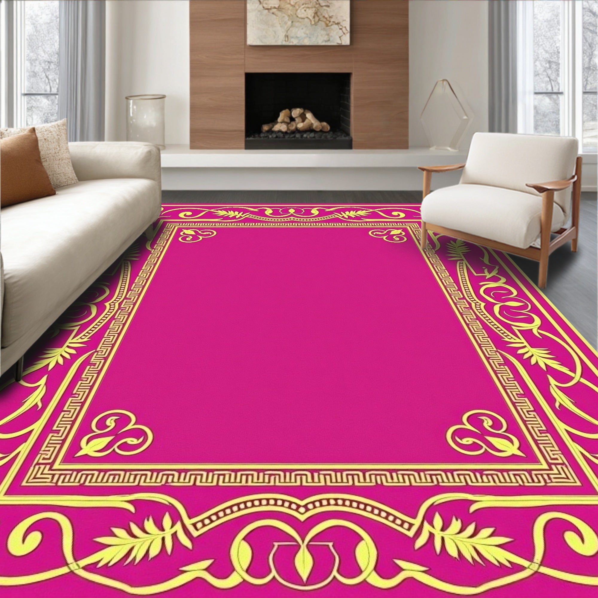 Ornate Yellow Floral Border Design Rug