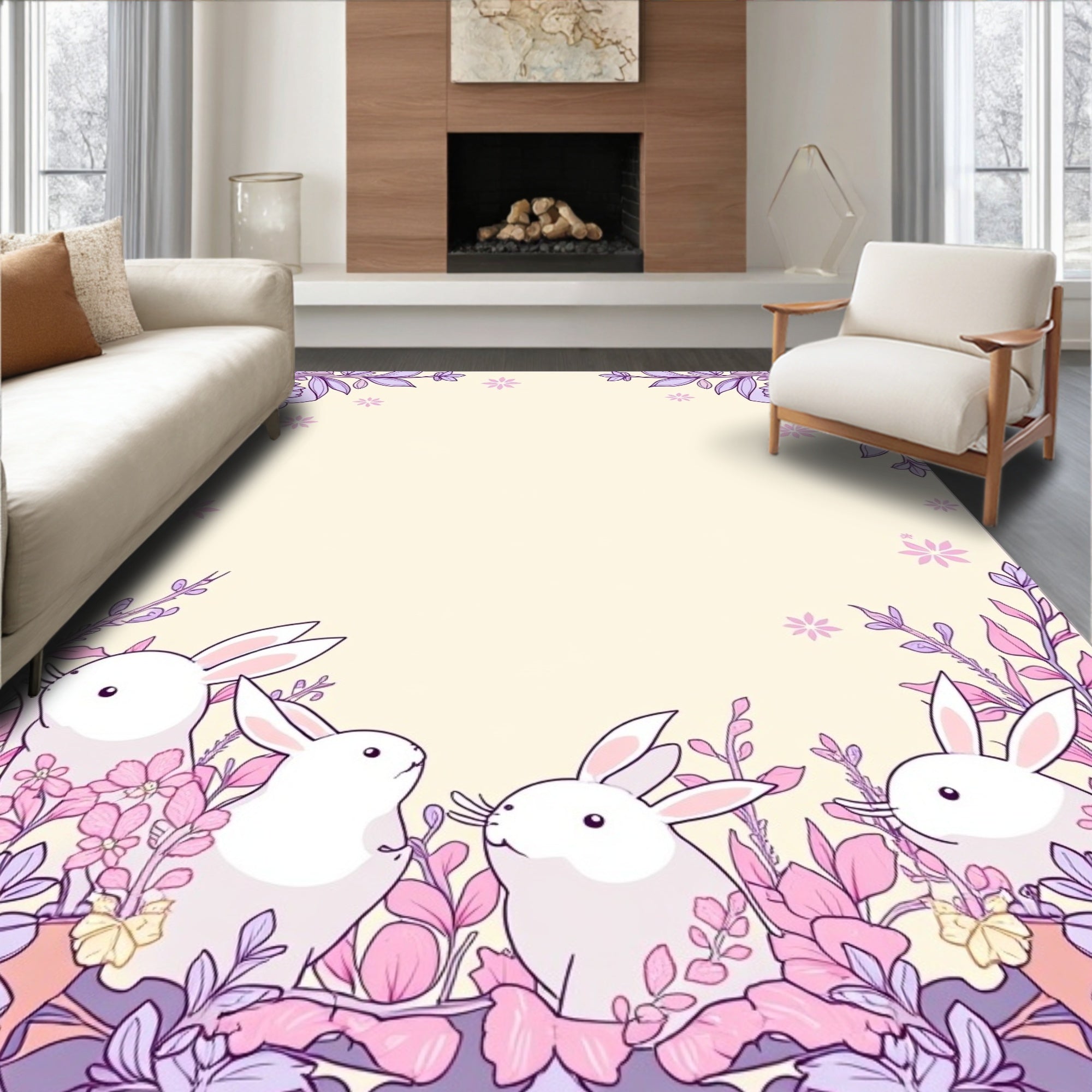 Whimsical Rabbit Floral Garden Design Rug