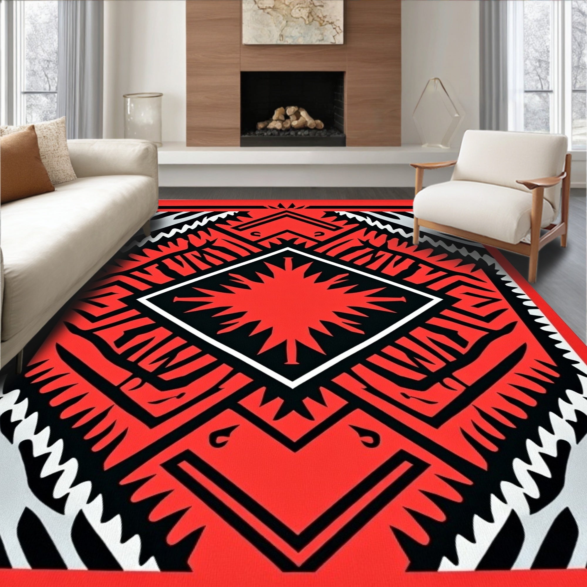 Bold Red Black White Geometric Pattern Rug