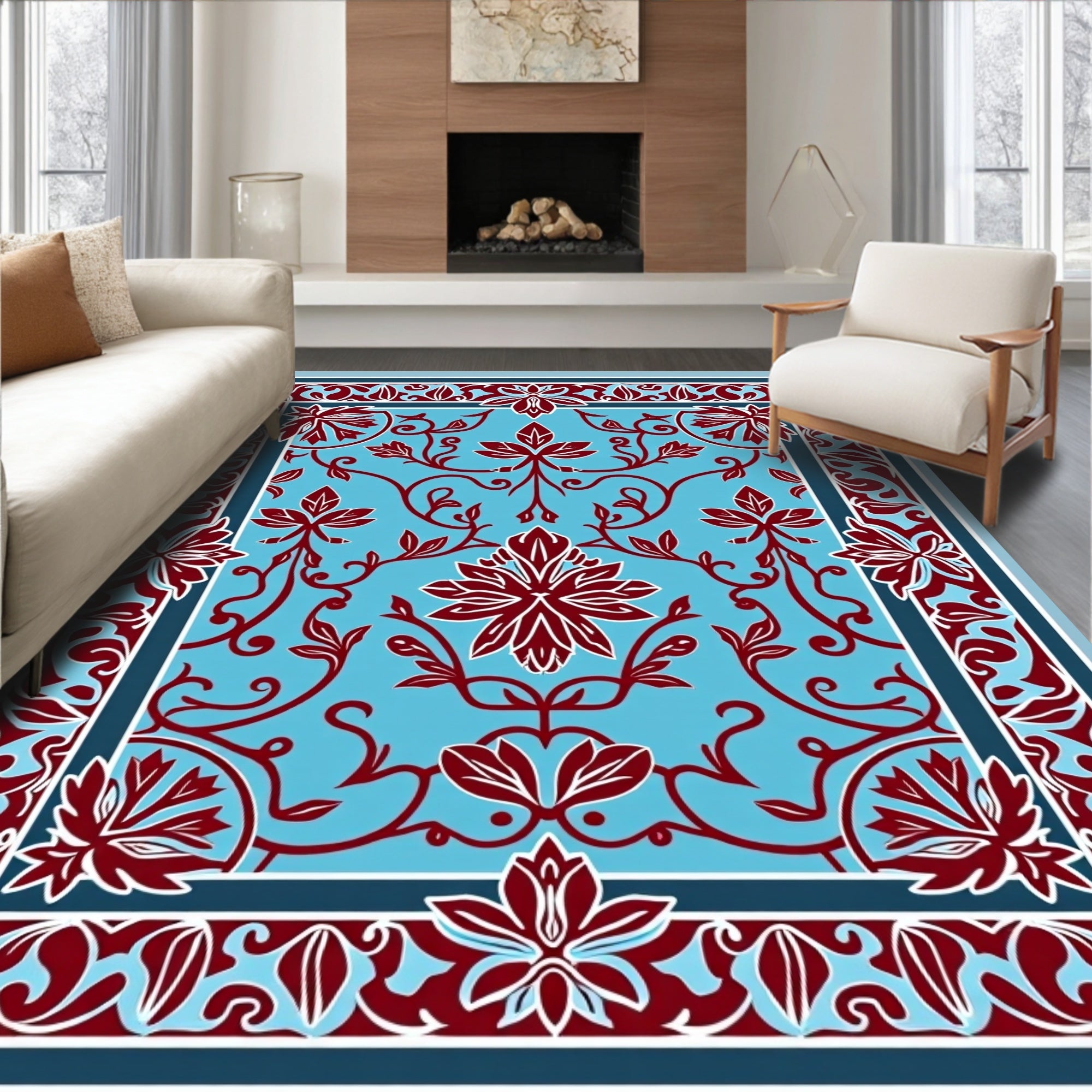 Crimson Floral Vines On Sky Blue Rug