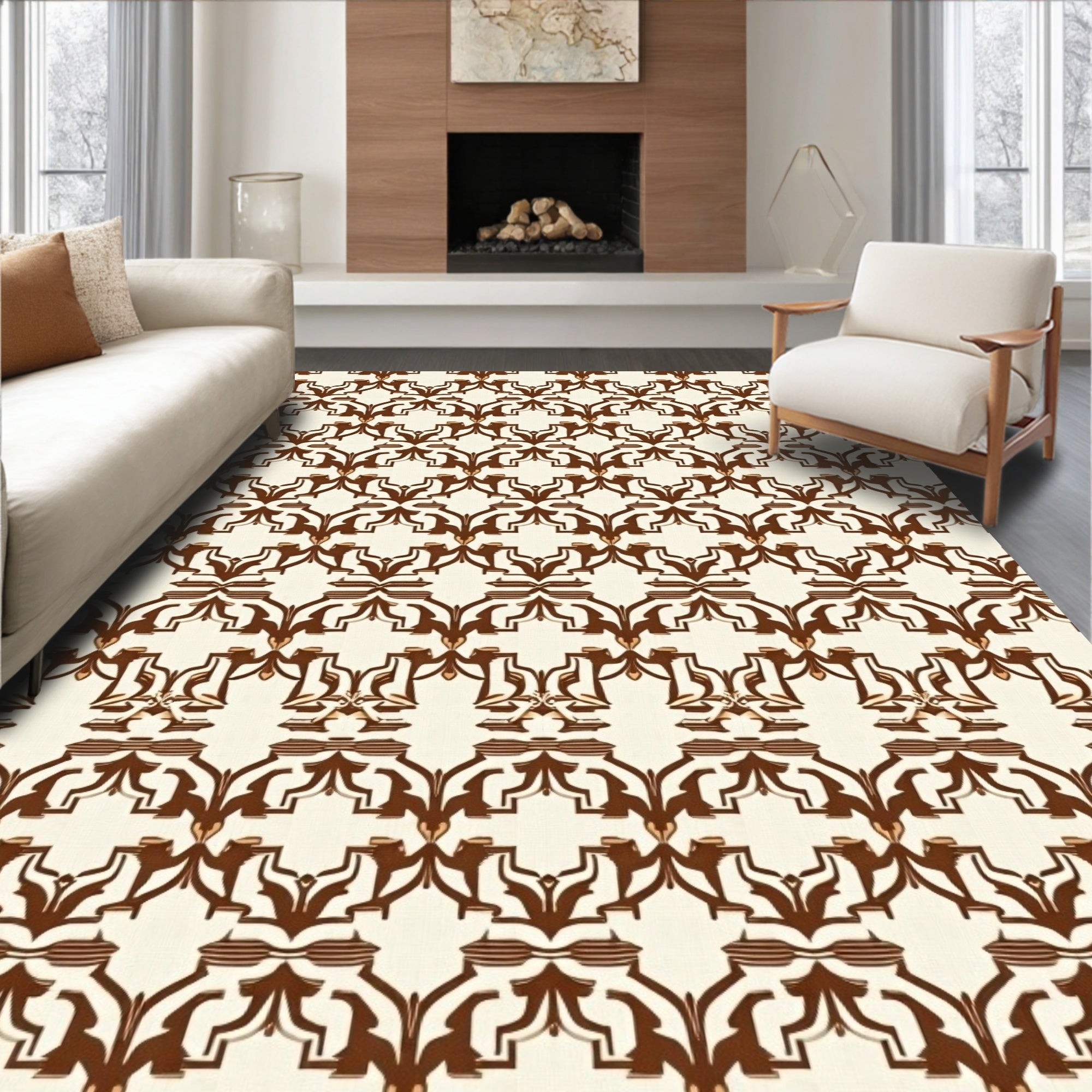 Rich Brown Abstract Geometric Swirl Pattern Rug