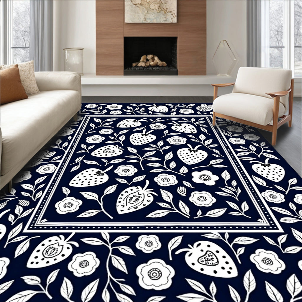 Whimsical White Strawberry Floral Pattern Rug