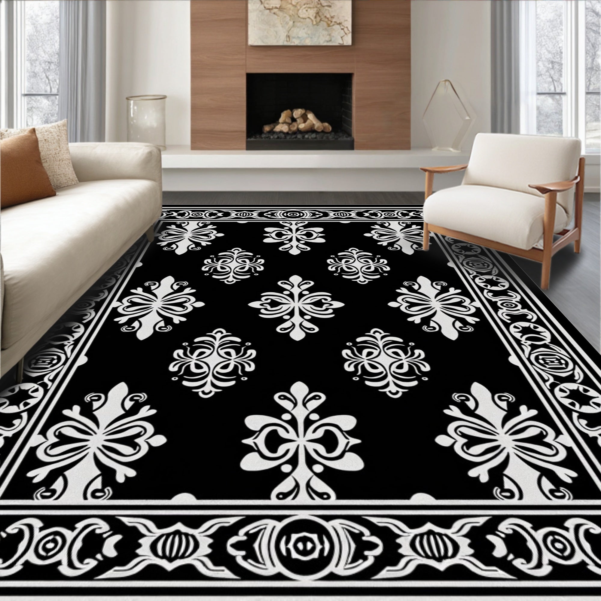 Black White Classic Floral Motif Rug