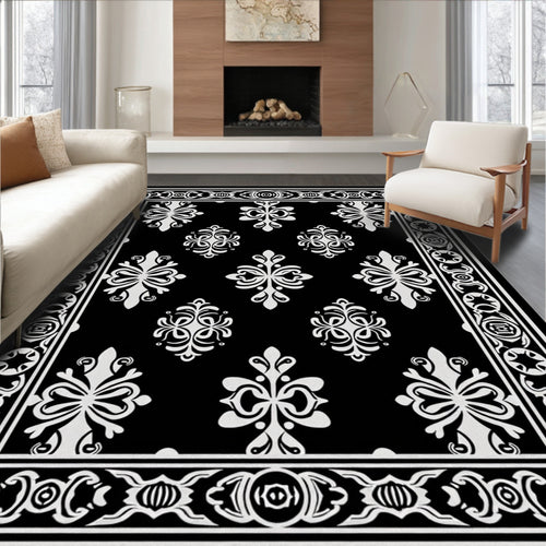 Black White Classic Floral Motif Rug