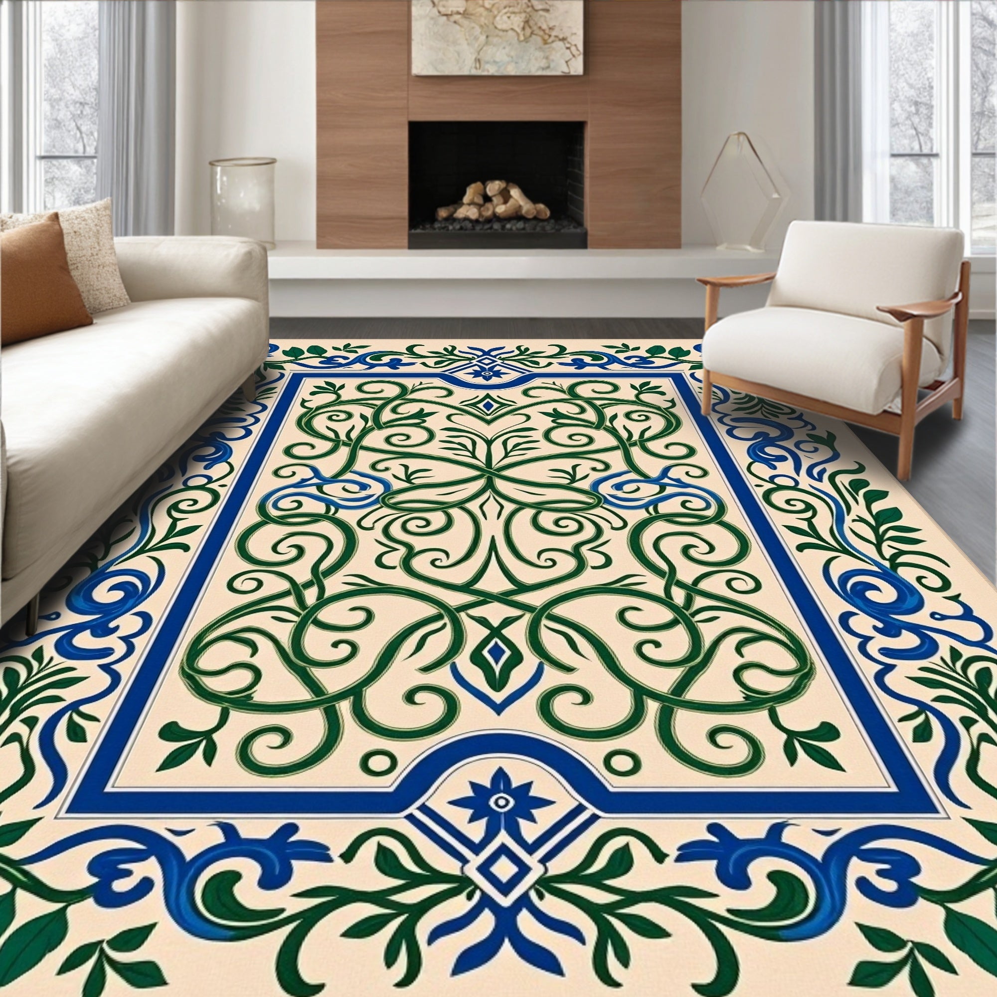 Intricate Woven Emerald Blue Floral Rug