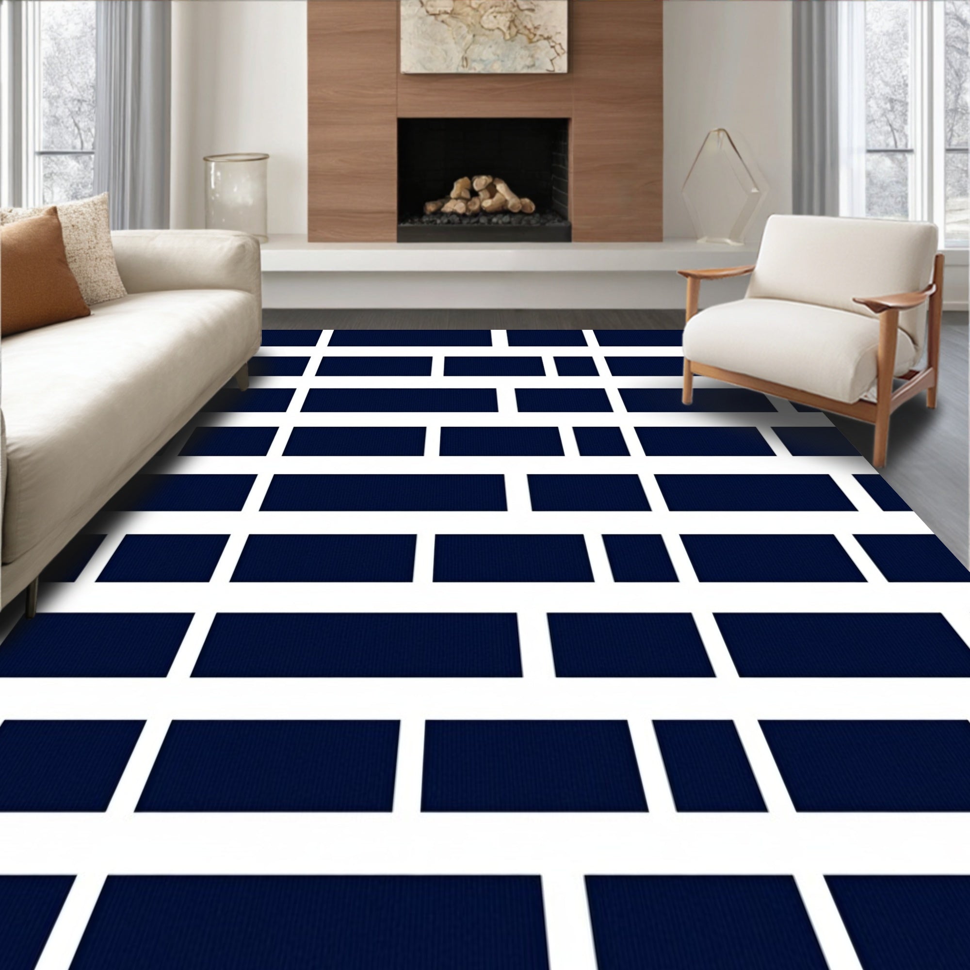 Navy Brick Pattern Modern Rug