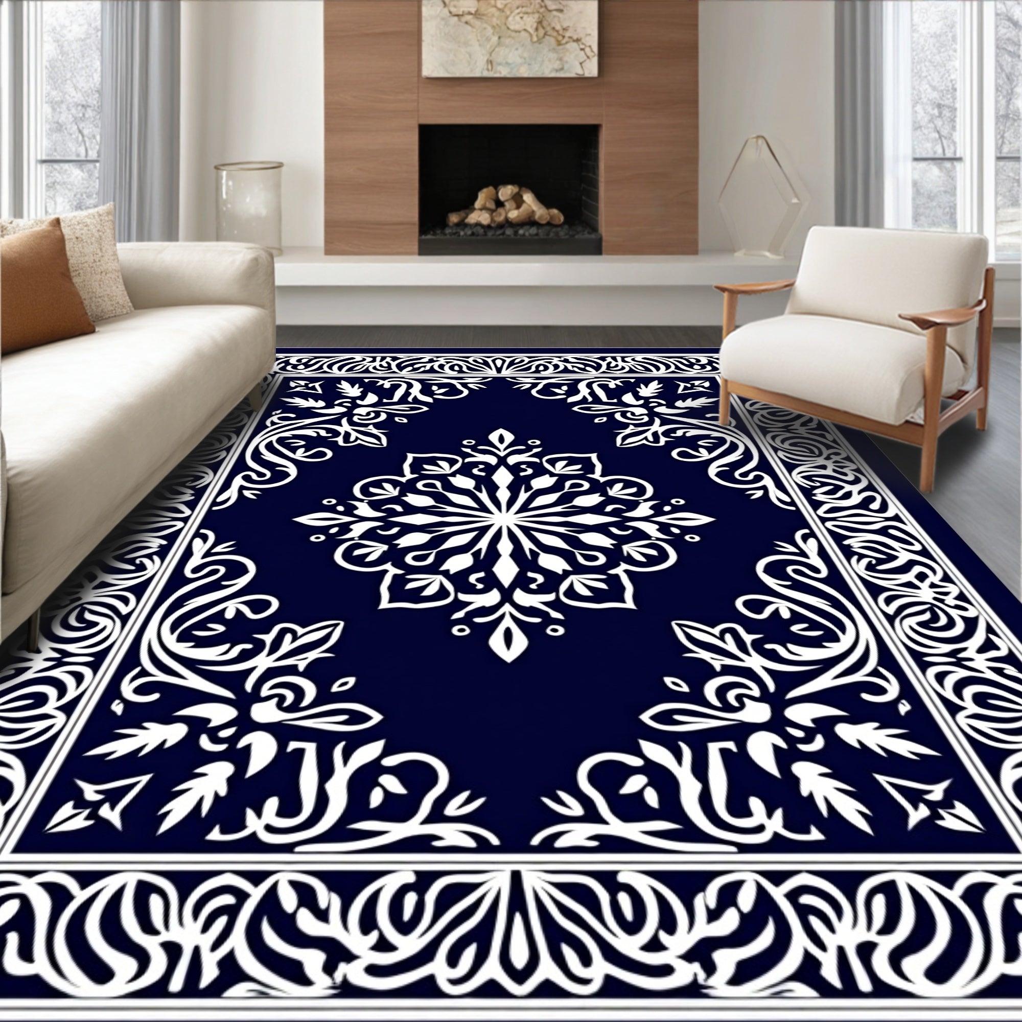 Intricate Floral Mandalas Bordered Rug