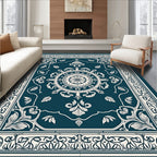 Deep Teal Ivory Intricate Floral Border Rug