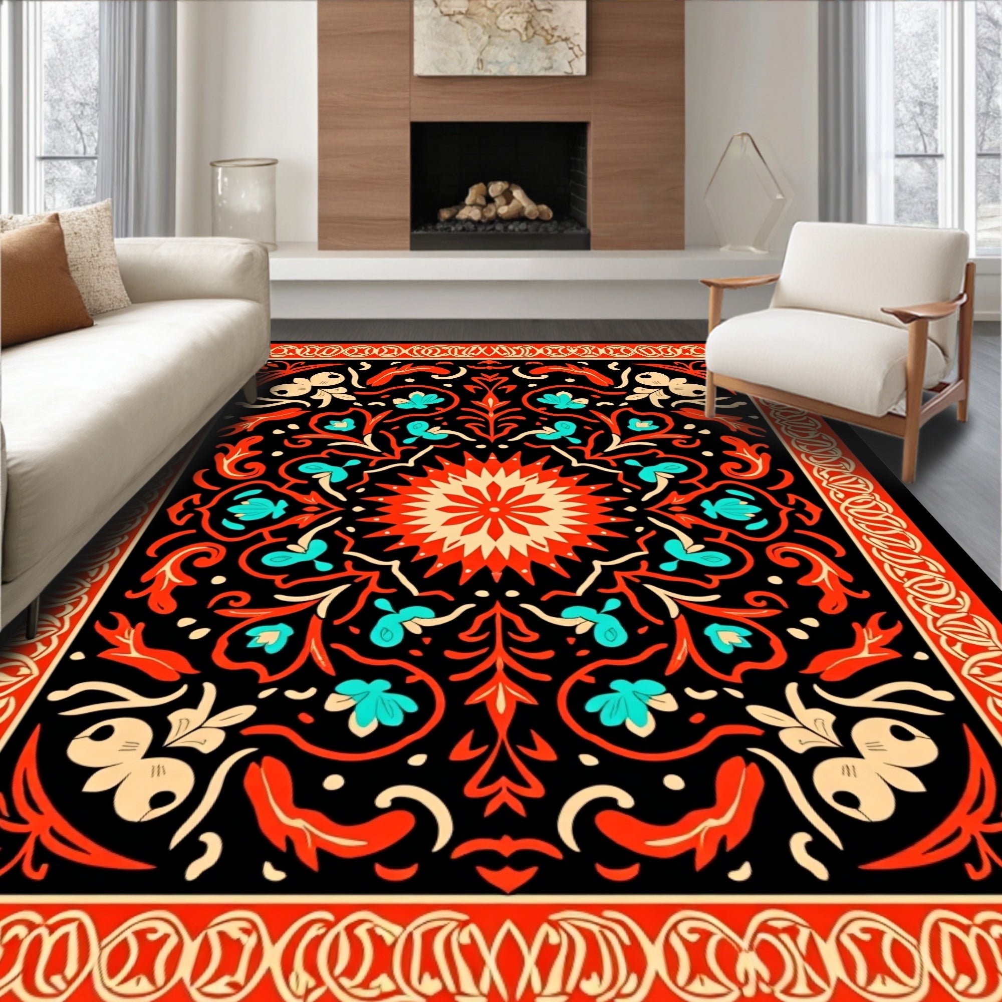 Vibrant Floral Scrollwork Pattern Rug