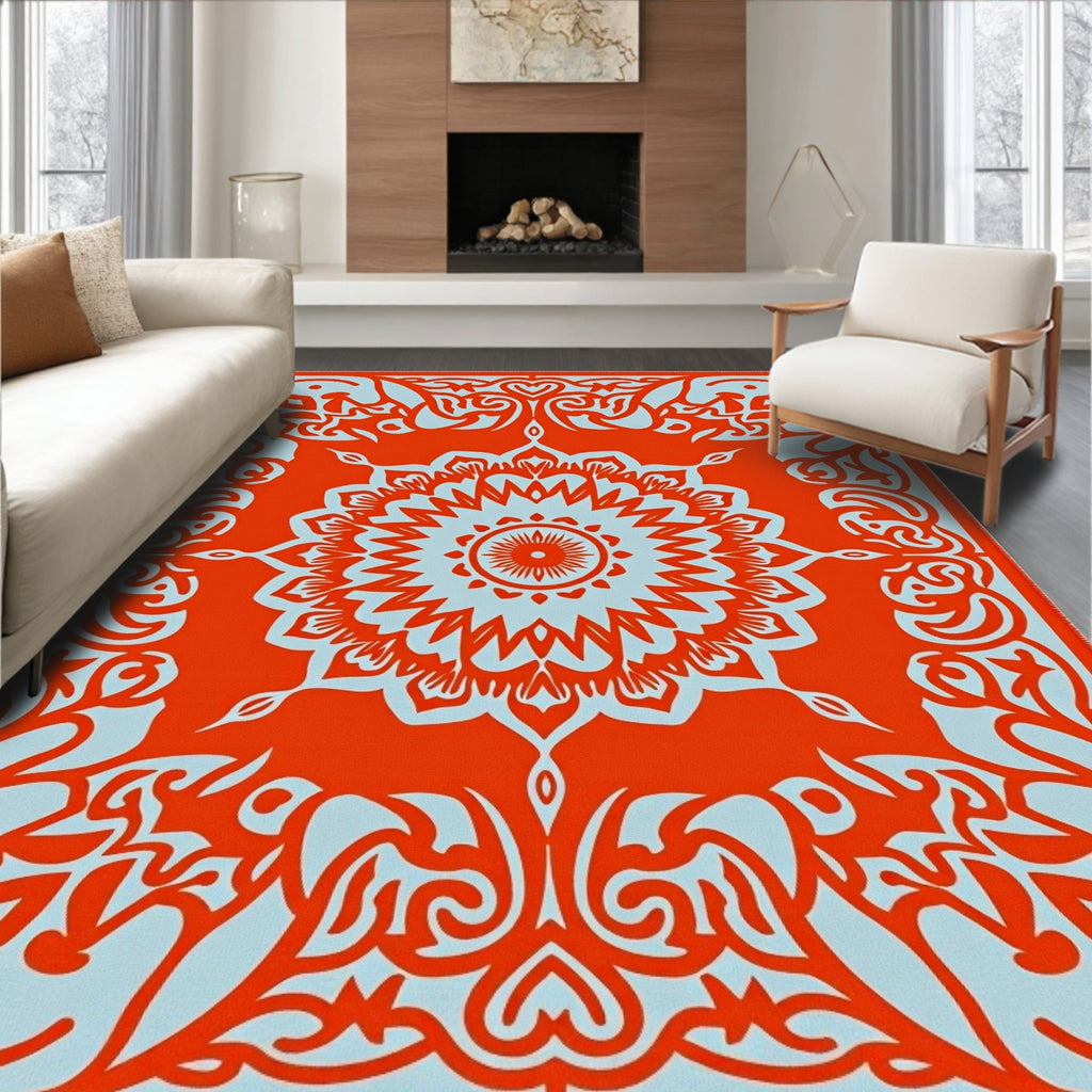 Orange Mandala Folk Art Pattern Rug