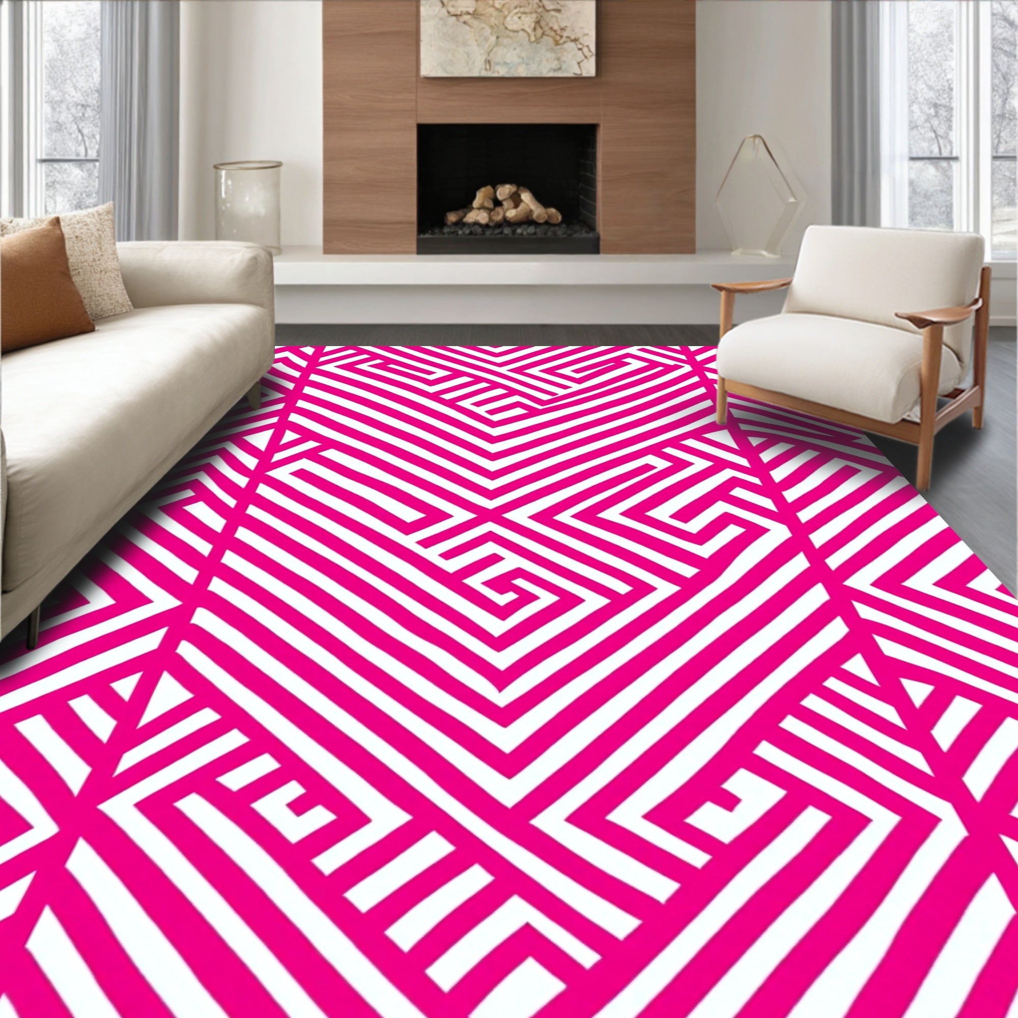 Vibrant Pink Geometric Maze Pattern Rug