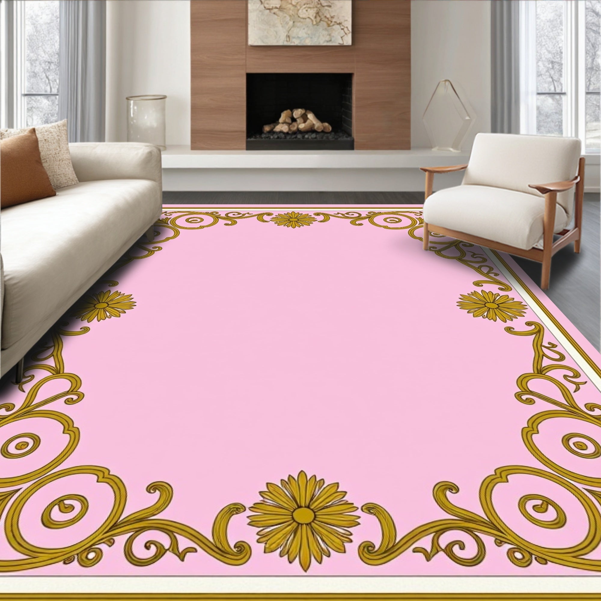 Ornate Floral Scrollwork Pink Gold Rug