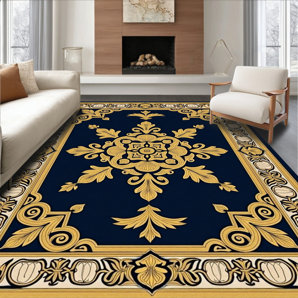 Ornate Gold Navy Floral Medallion Rug