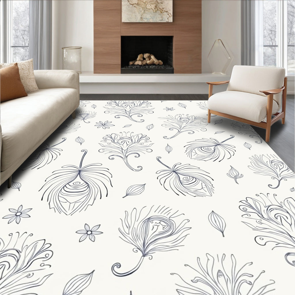 Feather Floral Line Art Pattern Rug