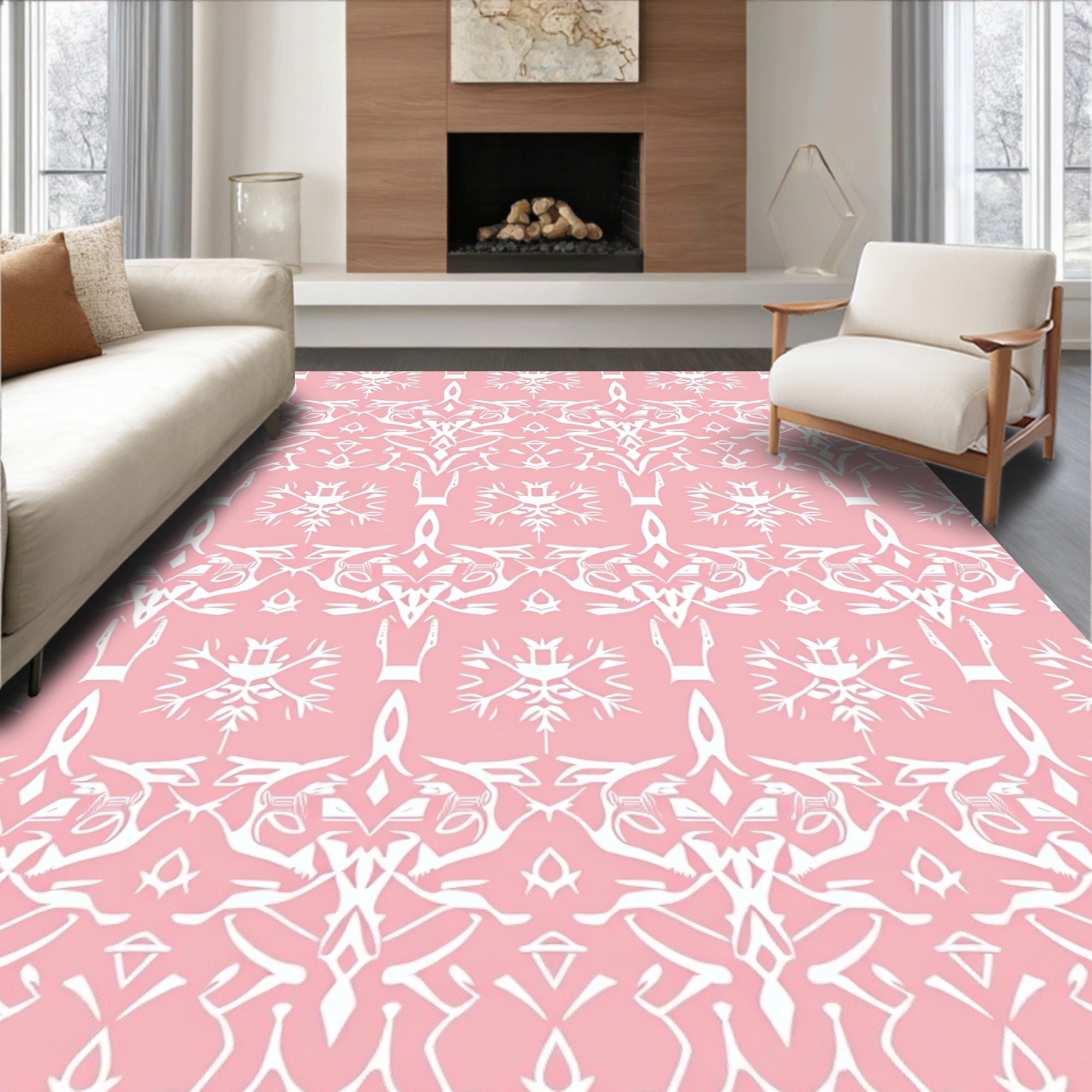 White Art Nouveau Floral Pattern Rug