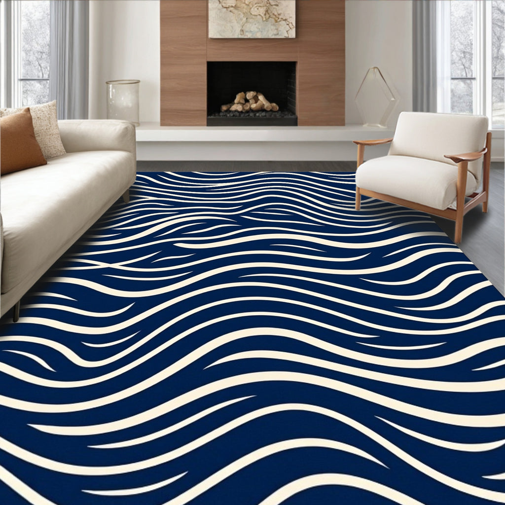 Navy And Cream Flowing Wave Pattern Rug