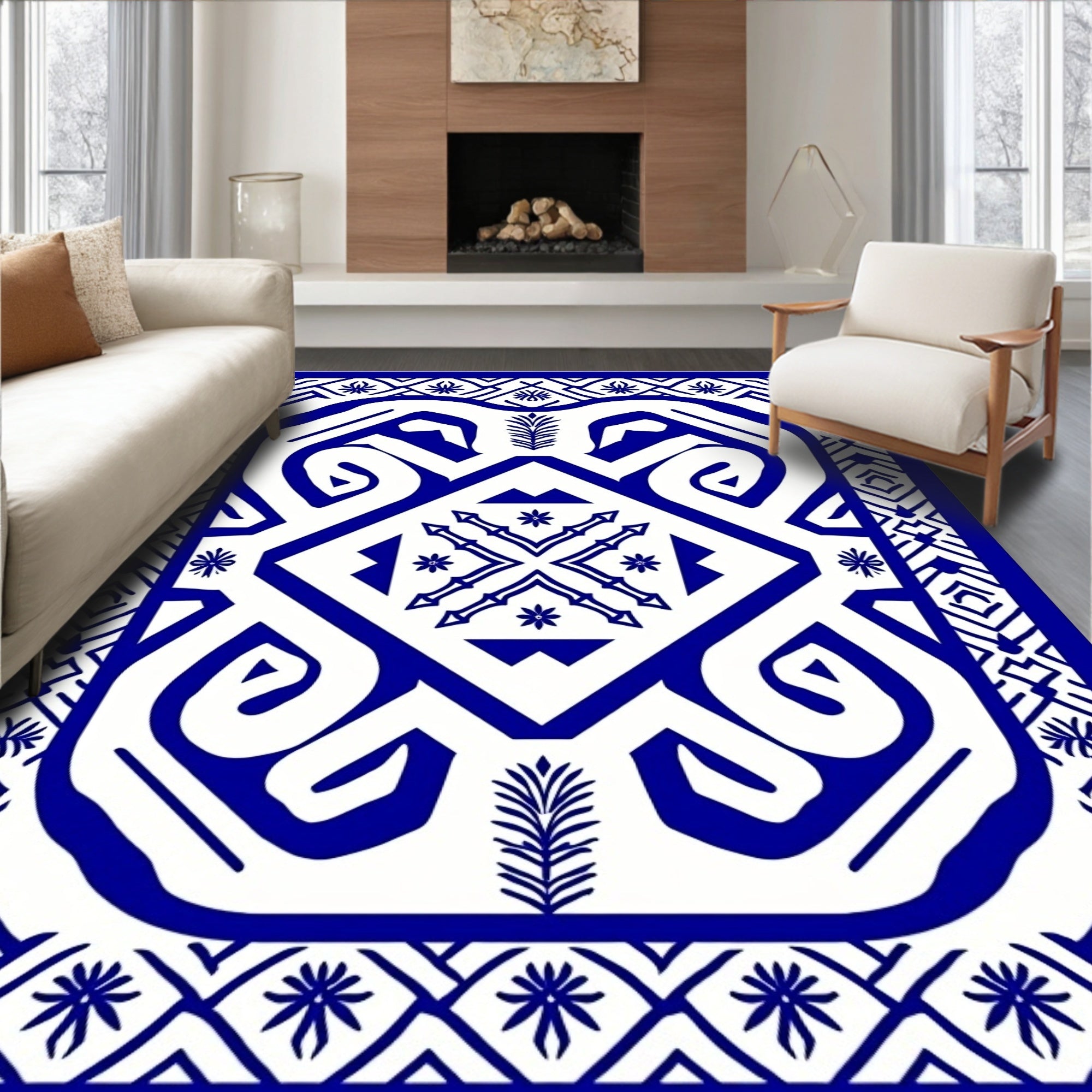 Bold Blue Geometric Floral Pattern Rug