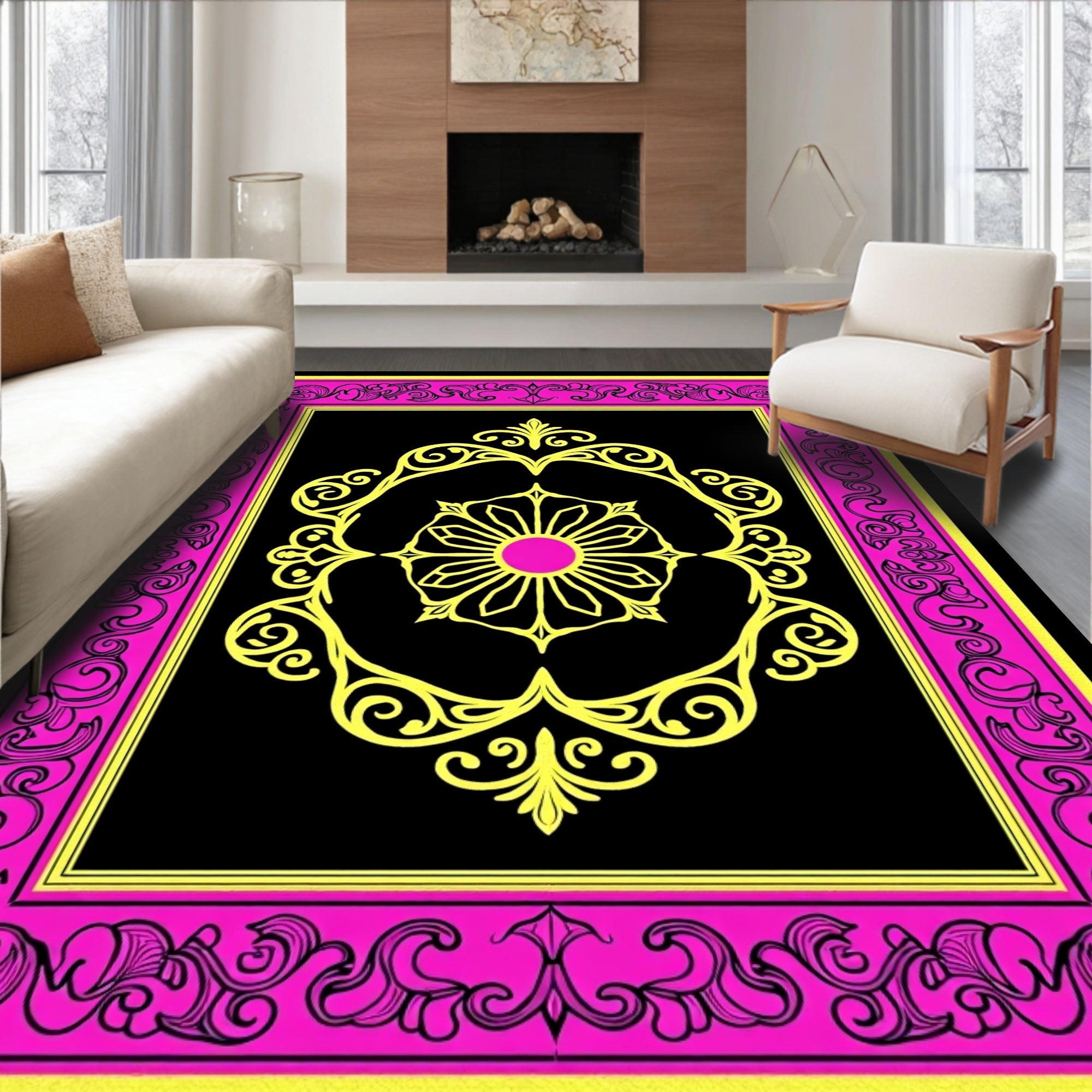 Ornate Yellow Floral Pink Border Rug