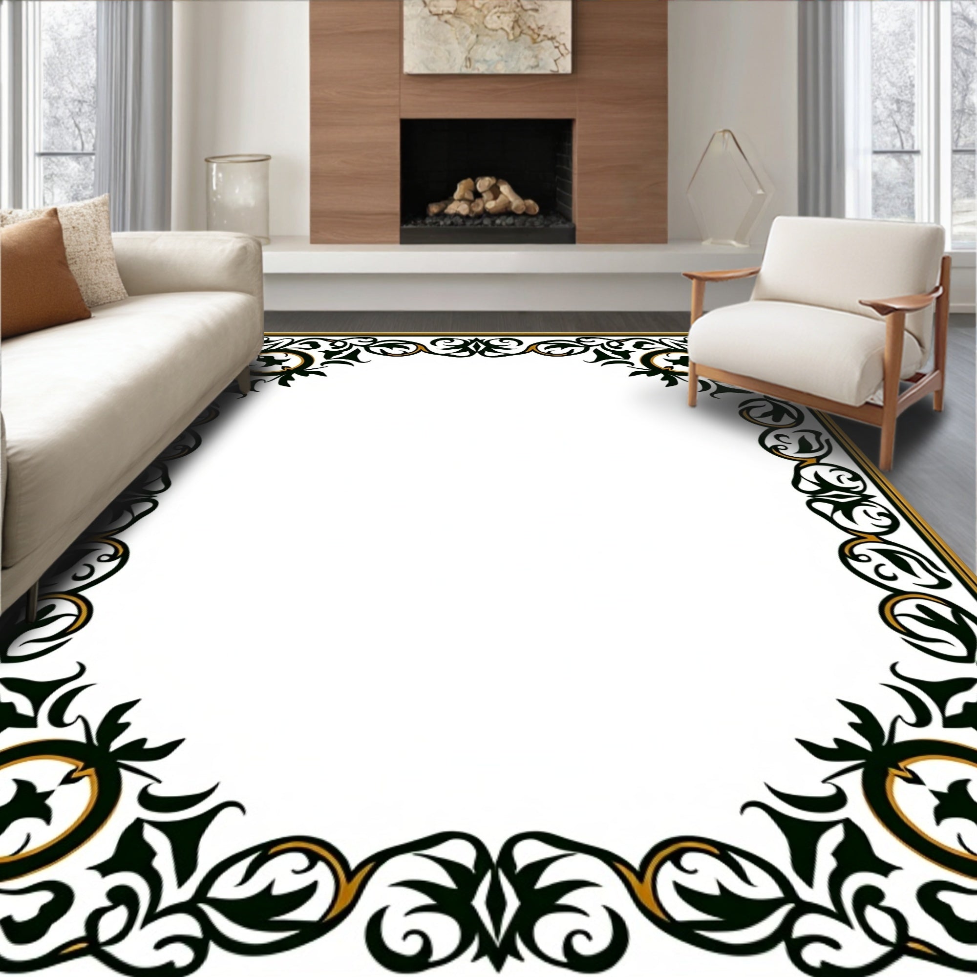 Ornate Black Gold Floral Scrollwork Rug