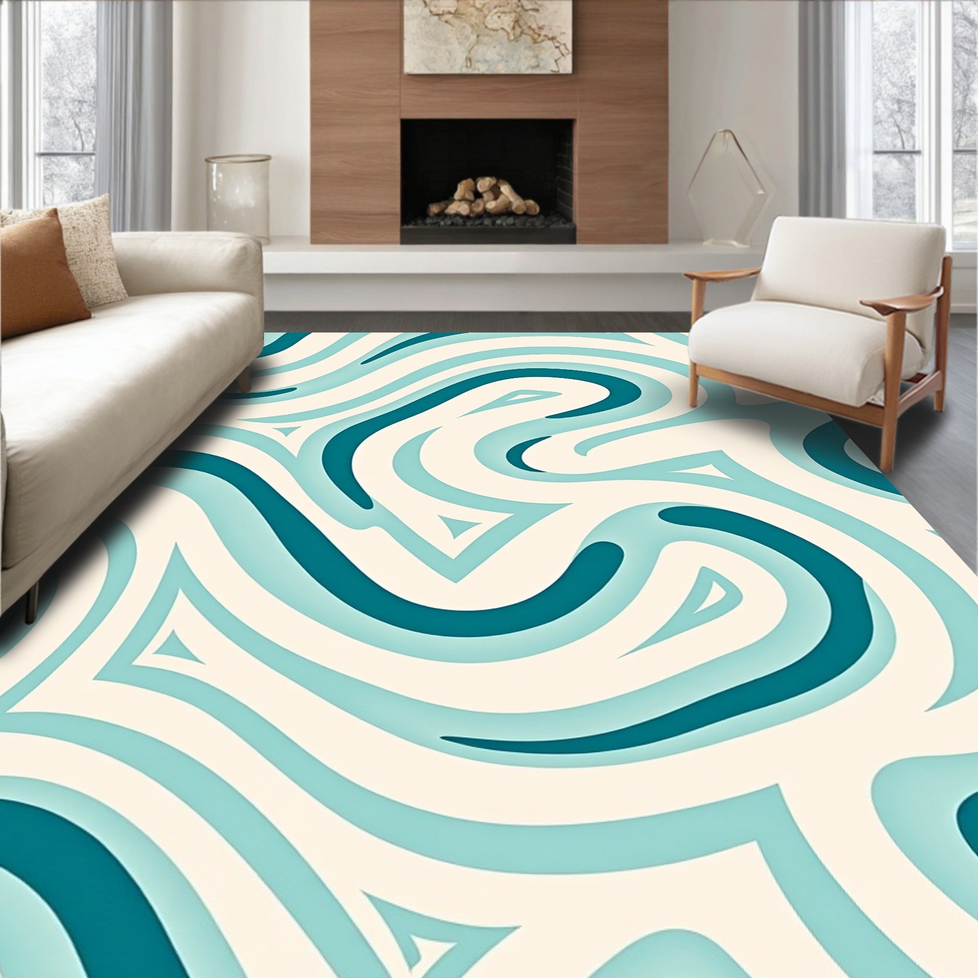 Flowing Teal Cream Wave Pattern Rug