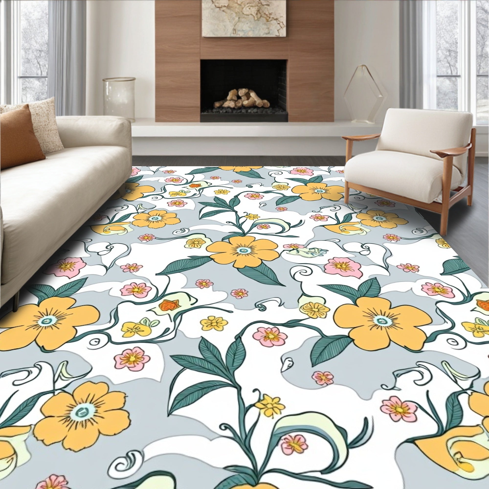 Whimsical Daisy Vine Floral Pattern Rug