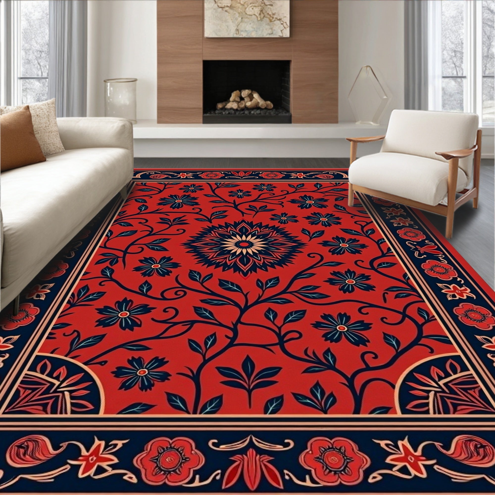Red Floral Vine Pattern Rug