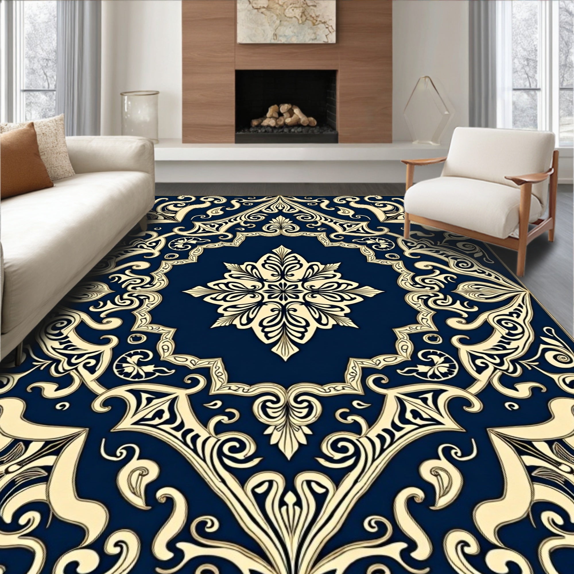 Elegant Cream Navy Ornate Pattern Rug