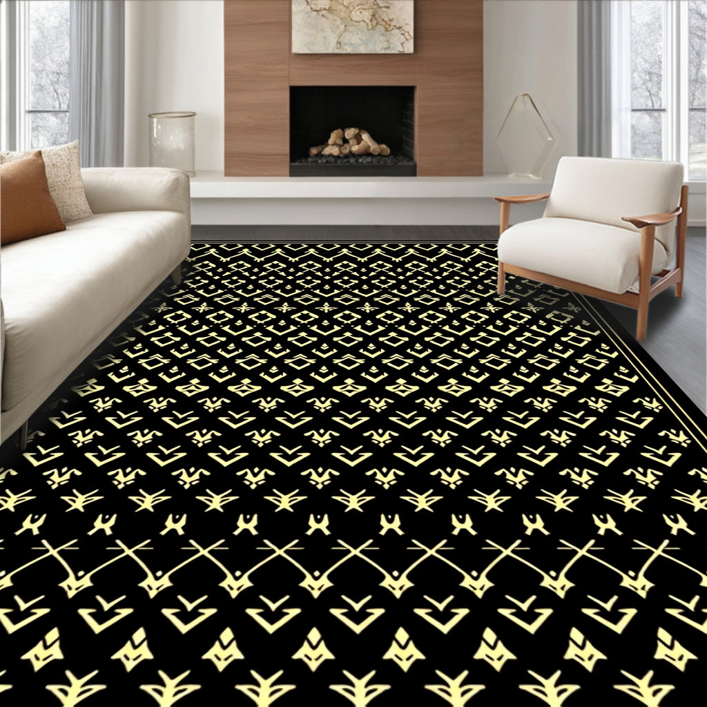 Elegant Black Gold Geometric Pattern Rug