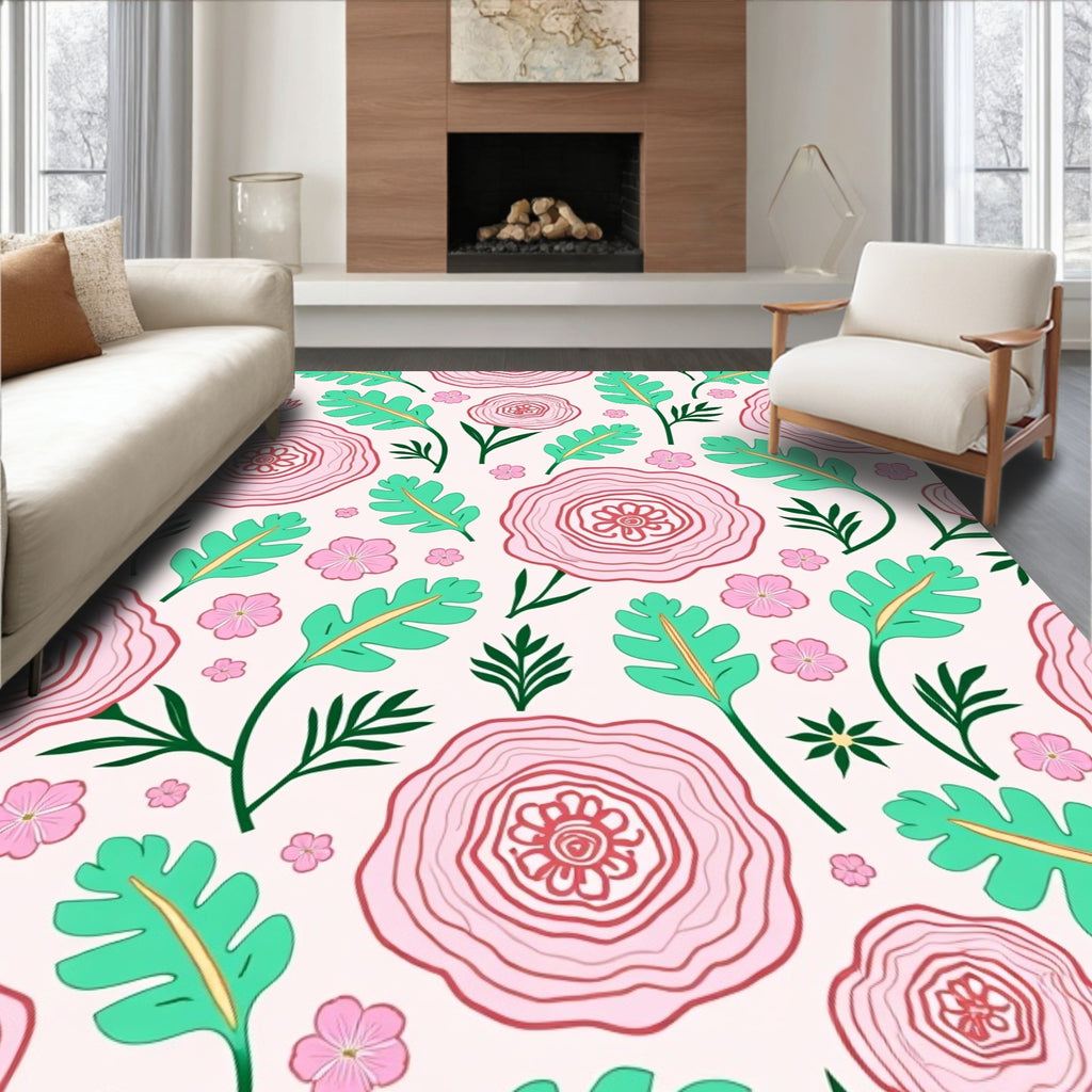 Whimsical Pink Floral Pattern Rug