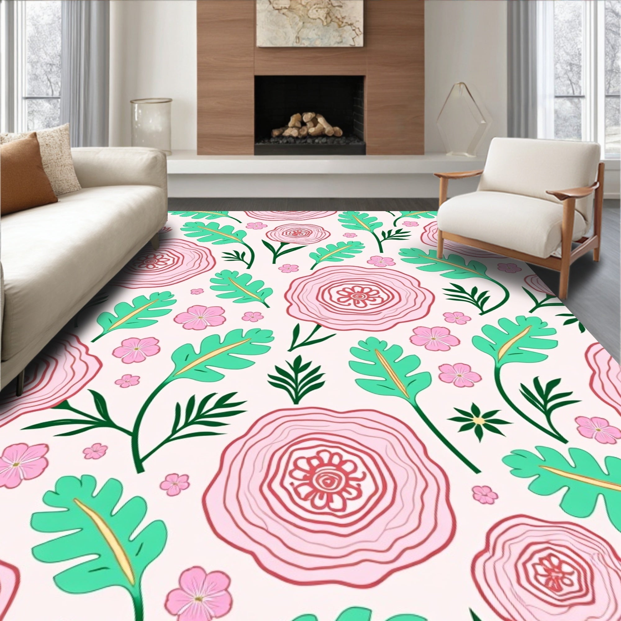 Whimsical Pink Floral Pattern Rug