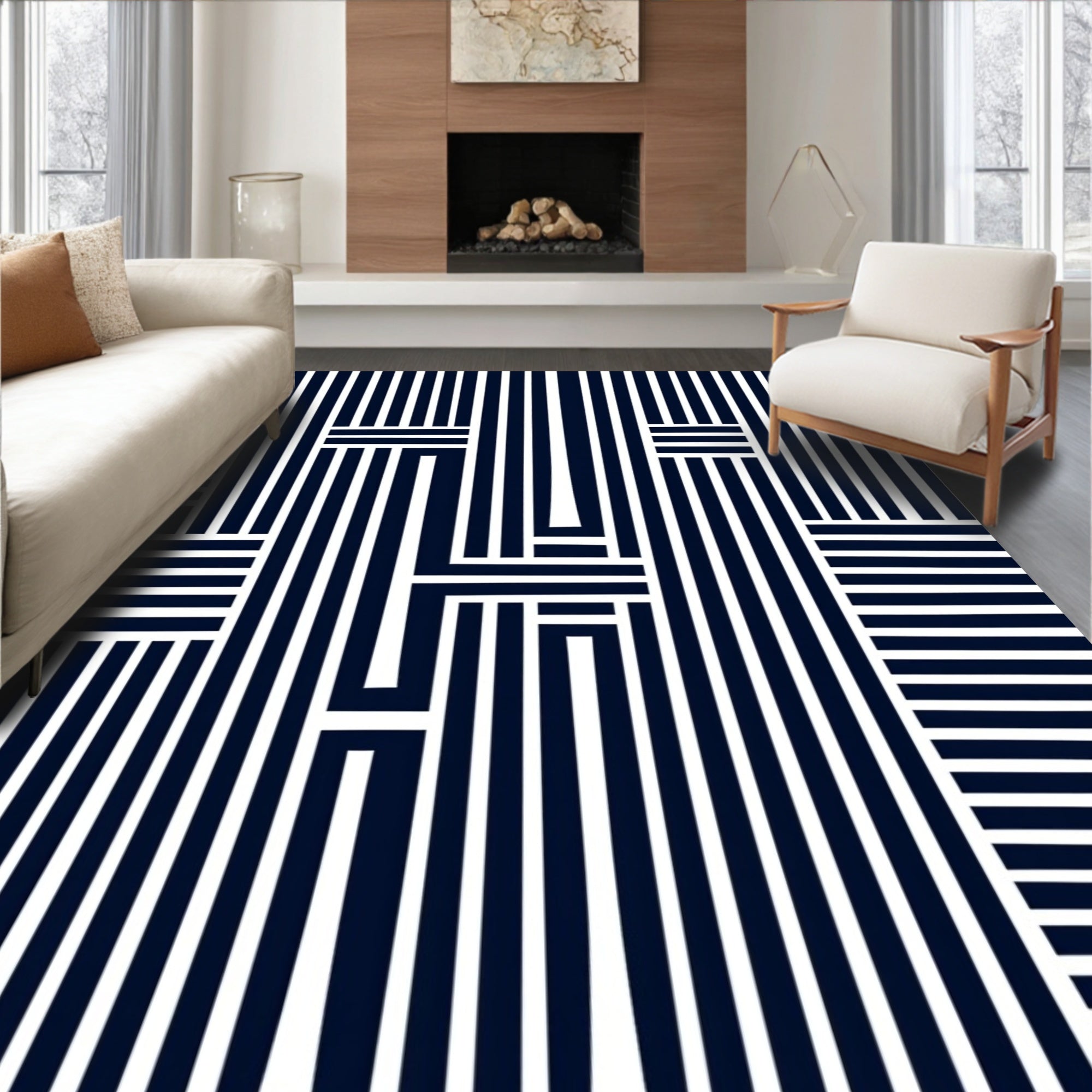 Naval White Bold Geometric Stripes Rug