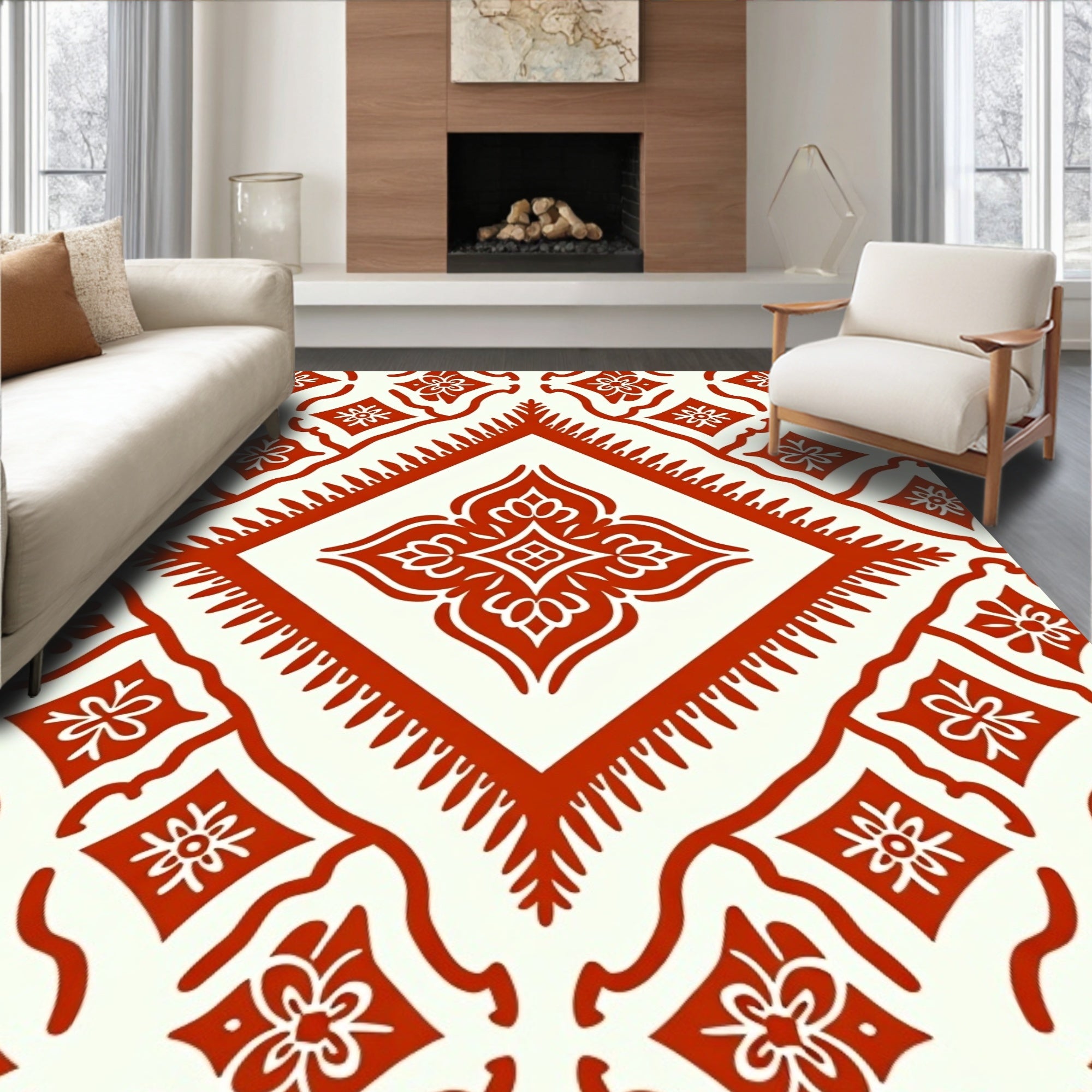 Red Floral Medallion Geometric Pattern Rug