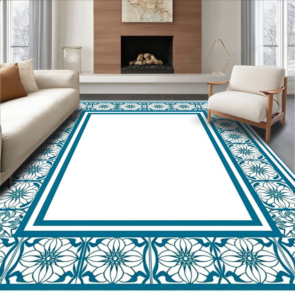 Classic Teal Floral Border Design Rug
