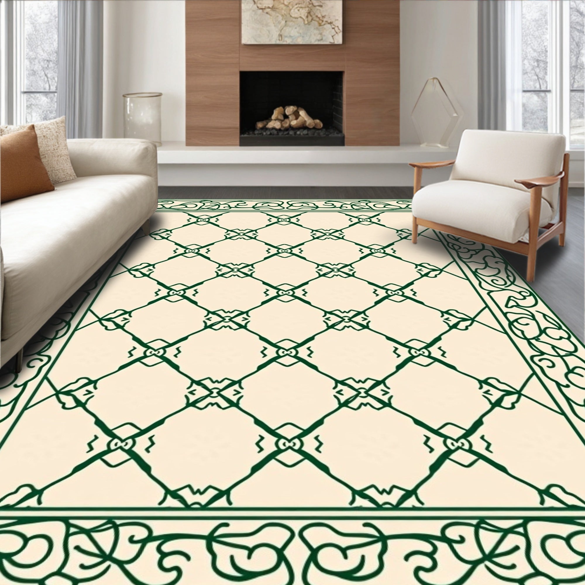 Ornate Cream Green Diamond Border Rug