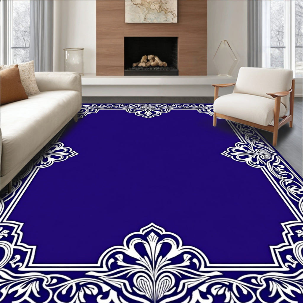 Elegant White Scrollwork Border Design Rug